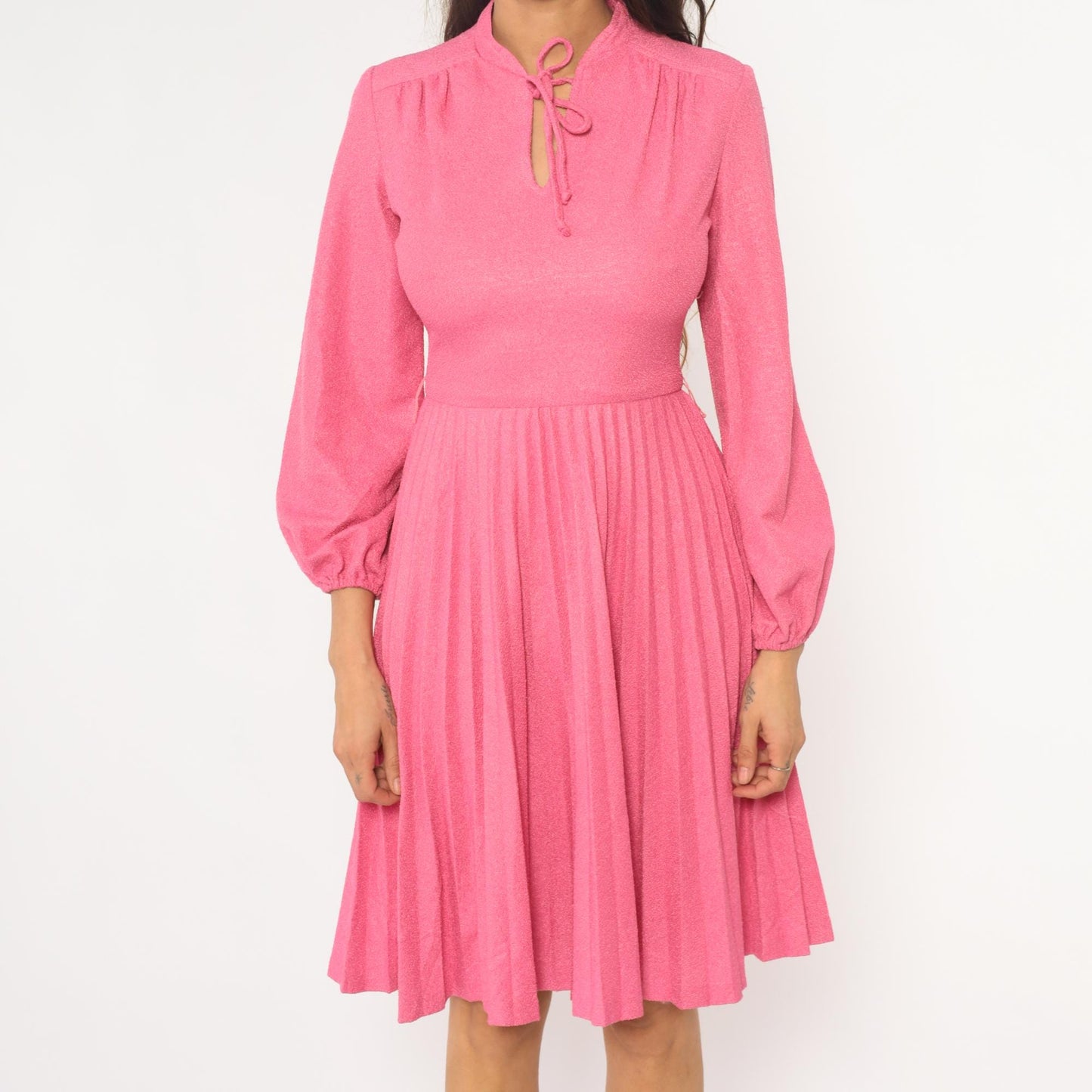 70s Hot Pink Midi Dress Mock Neck Pleated Skirt Bishop Sleeve Extra Small XS