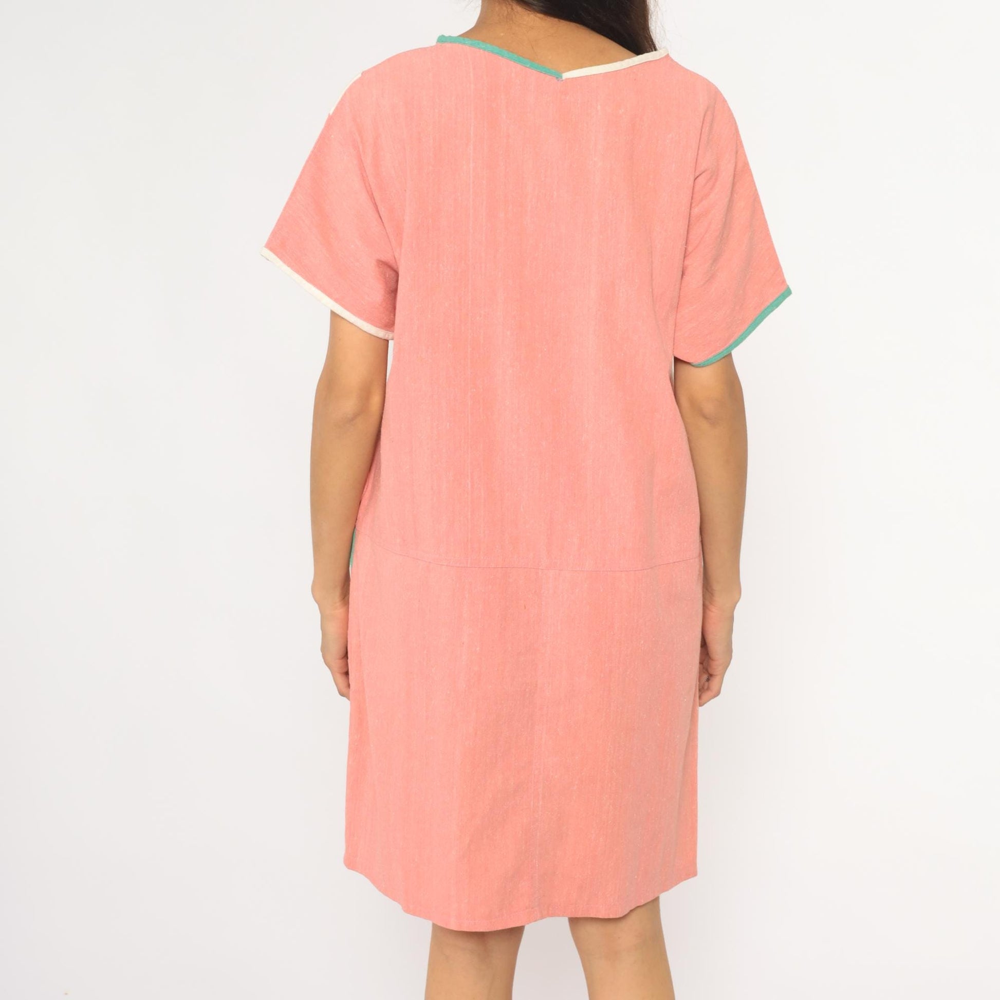 90s Colorblock Shift Dress Coral Pink Teal Geometric Pockets Knee Length Large L