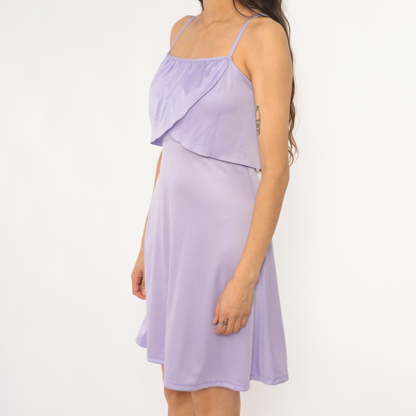 70s Lavender Spaghetti Strap Slip Dress Gathered Bodice Knee Length Extra Small XS