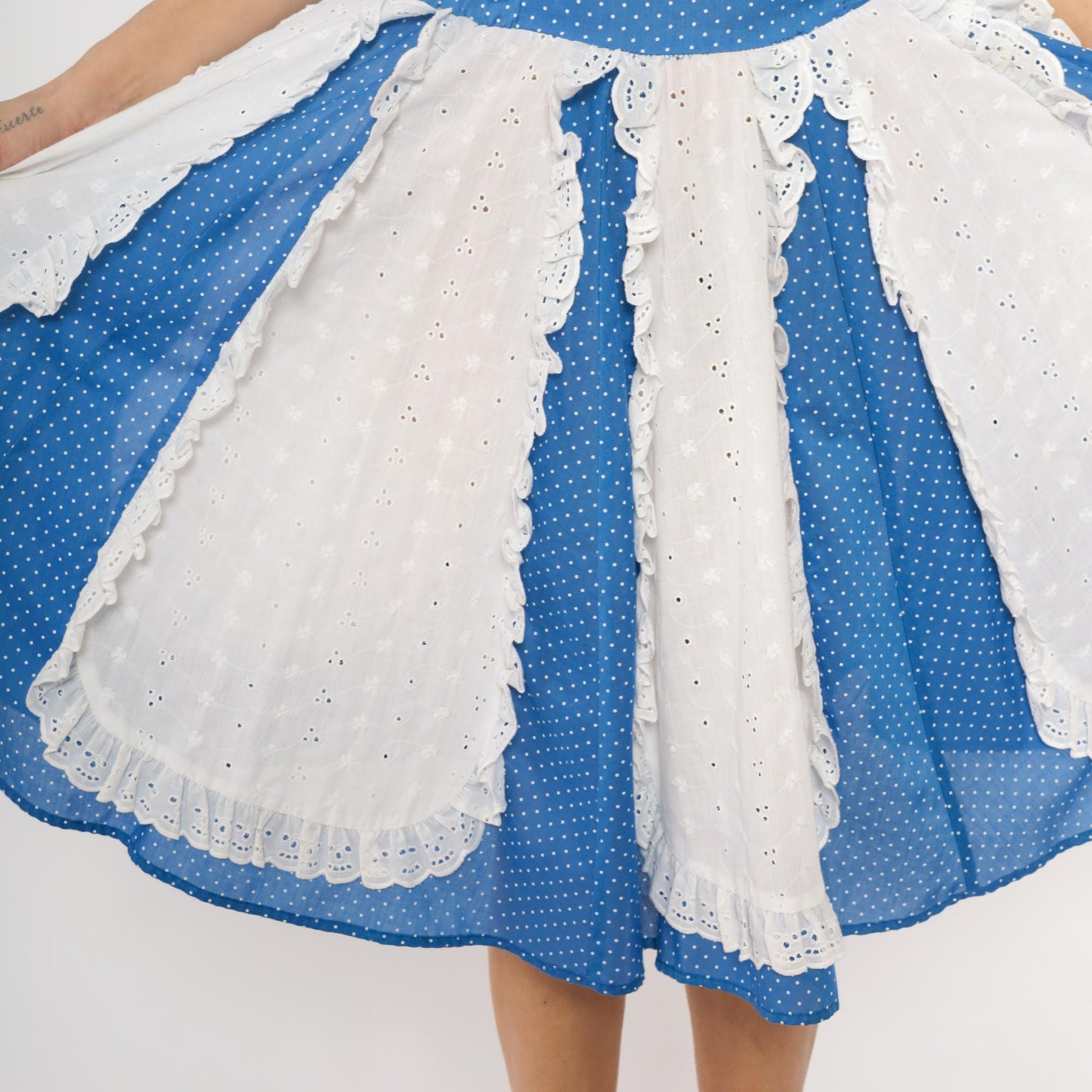80s Blue Polka Dot Square Dance Dress Puff Sleeve Eyelet Lace Mini Large