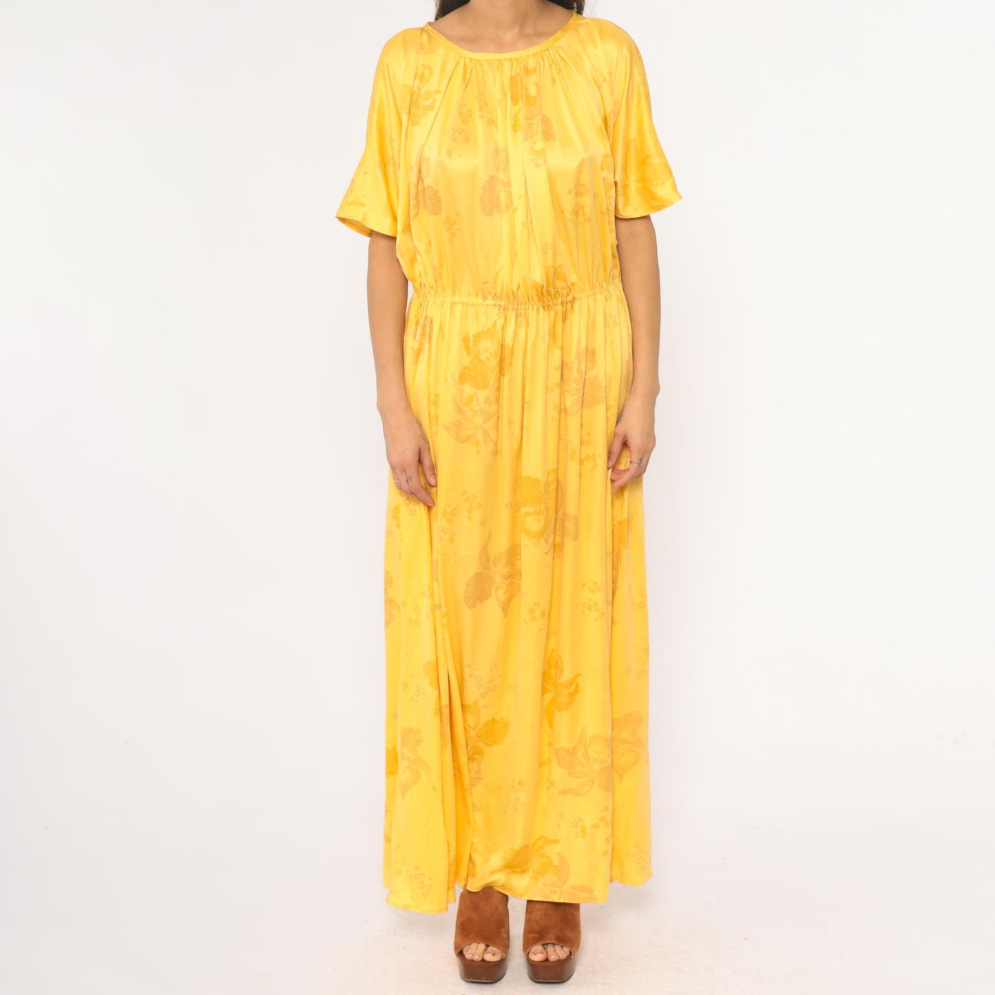 70s Yellow Floral Maxi Dress Flutter Sleeve Gathered Waist Medium Large