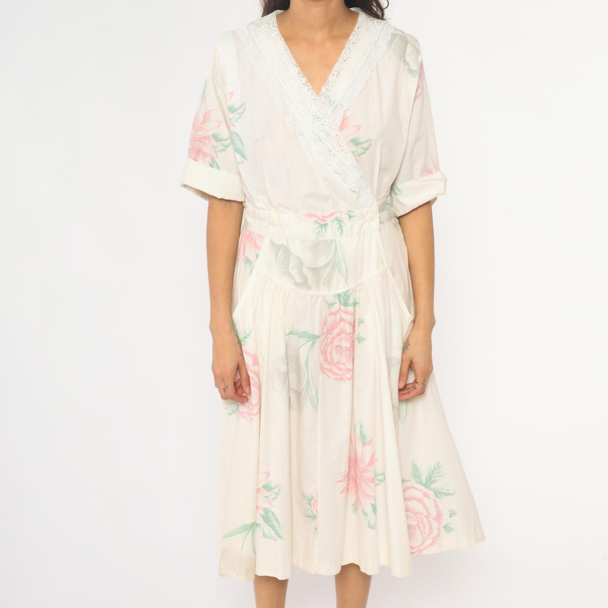 80s Floral Midi Dress Cream Pink Rose Print Cotton Eyelet Lace Medium