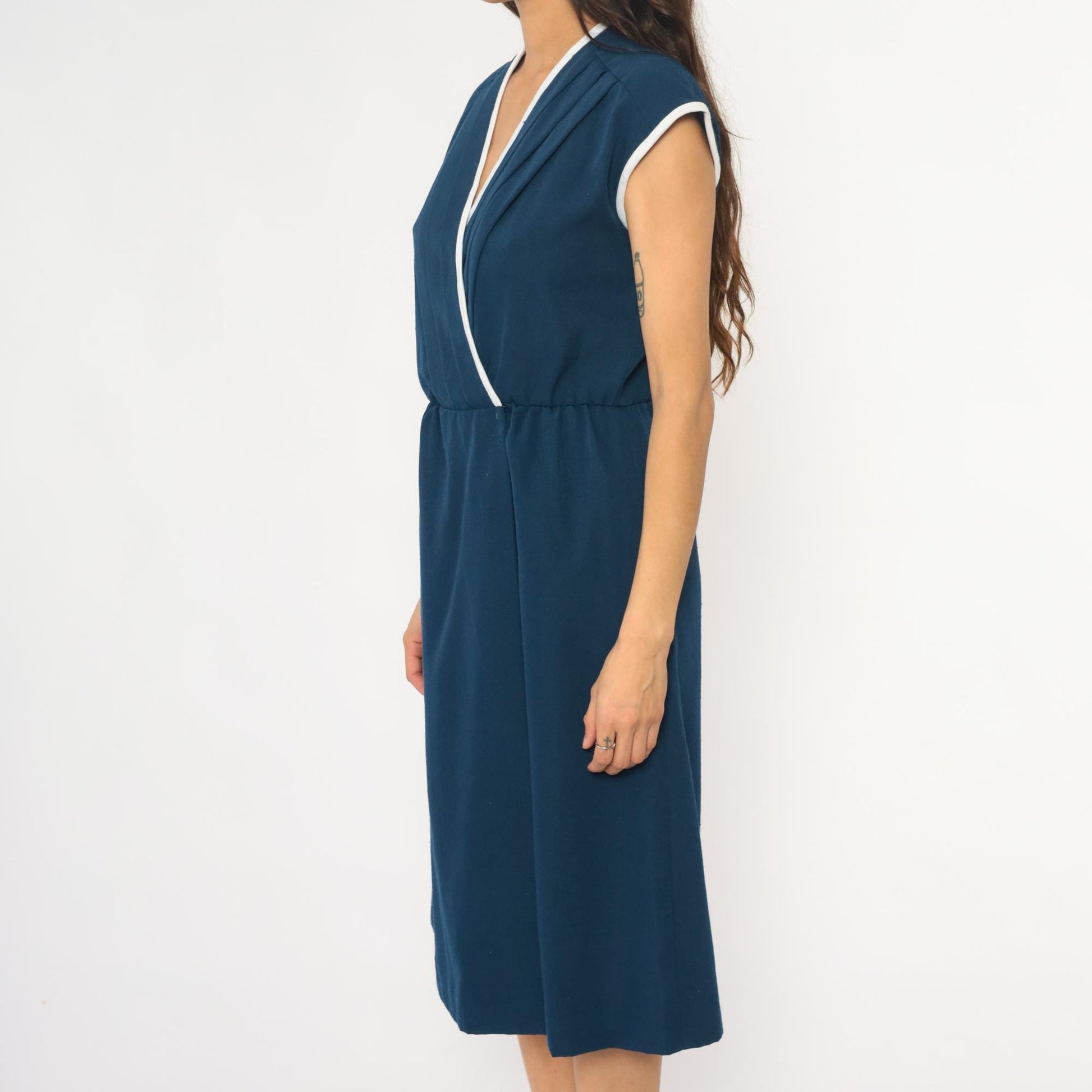 80s Toni Todd Navy Wrap Dress White Trim Cap Sleeve Midi Small Medium