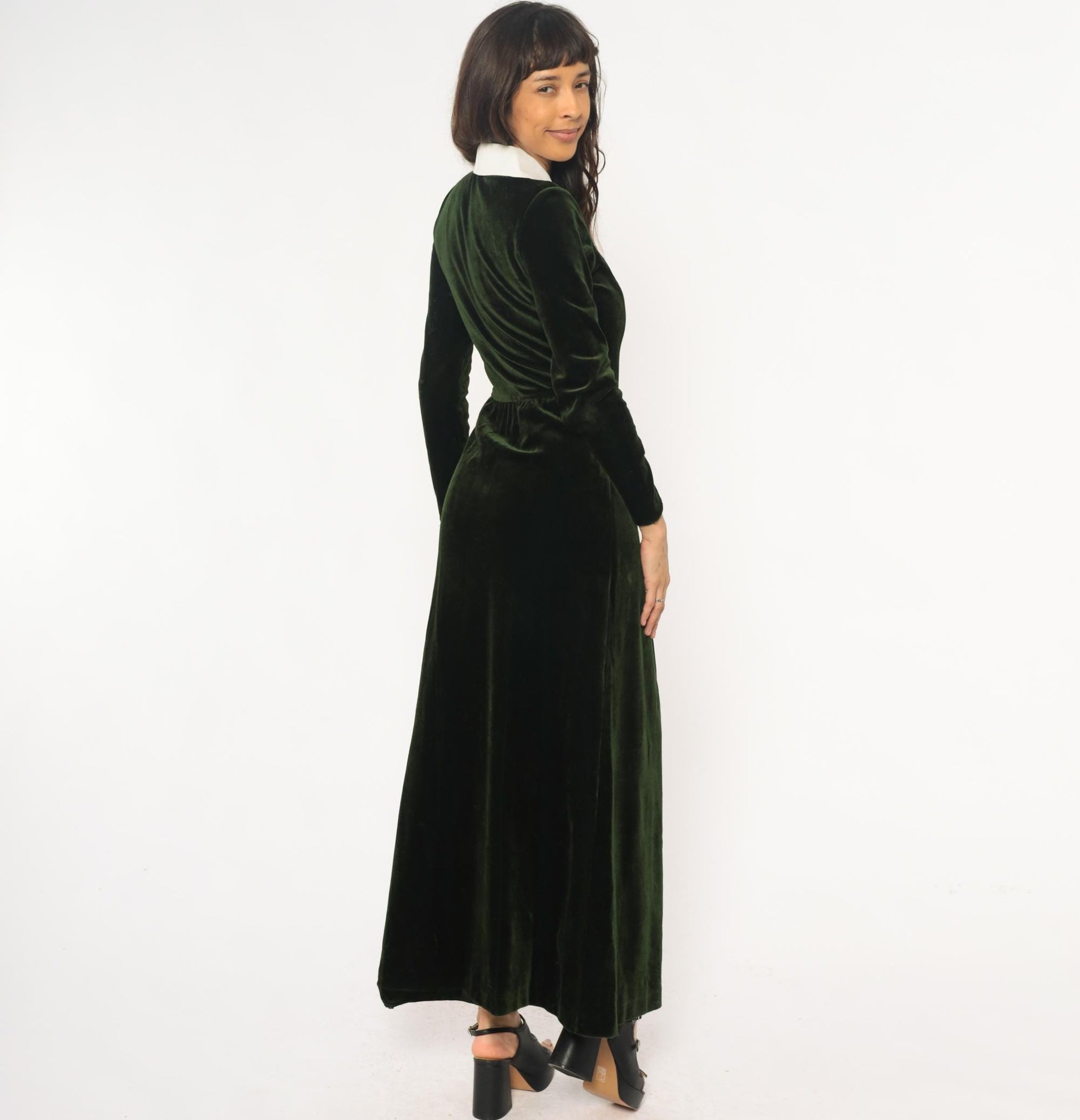 70s Dark Emerald Velvet Maxi Dress White Collar Long Sleeve Extra Small