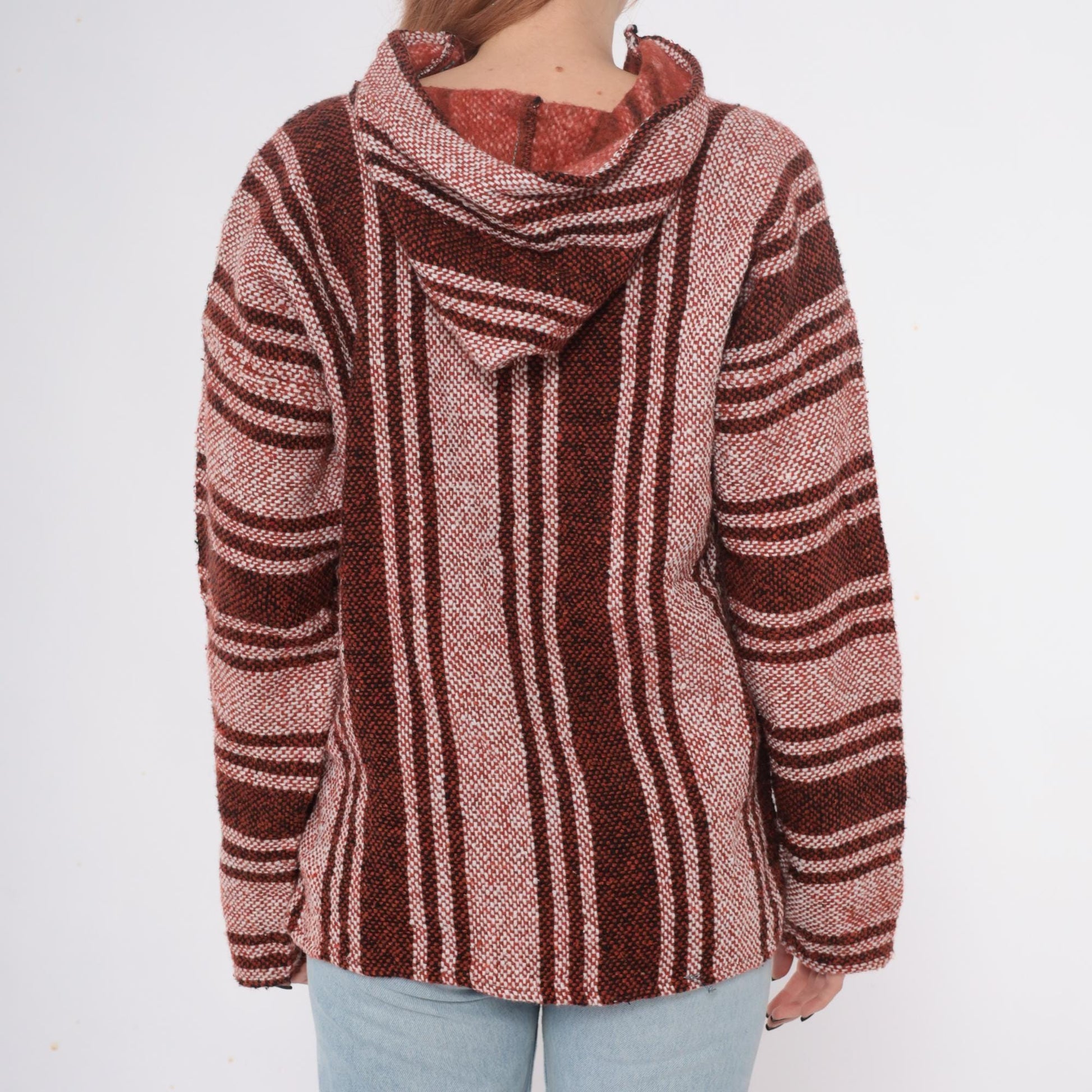 Y2K Baja Hoodie Brown Tan Striped Woven Pullover Kangaroo Pocket Medium M