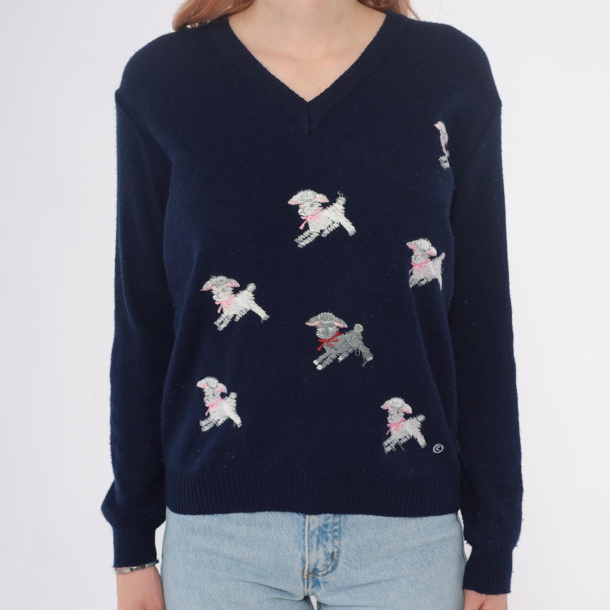 70s Shirlee Designs Navy Lamb Sweater Embroidered Pink Bows Large L