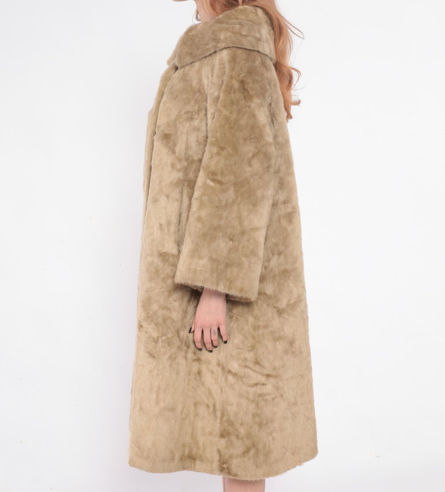 60s Sutton Place Faux Fur Coat Beige Shawl Collar A-Line Large L