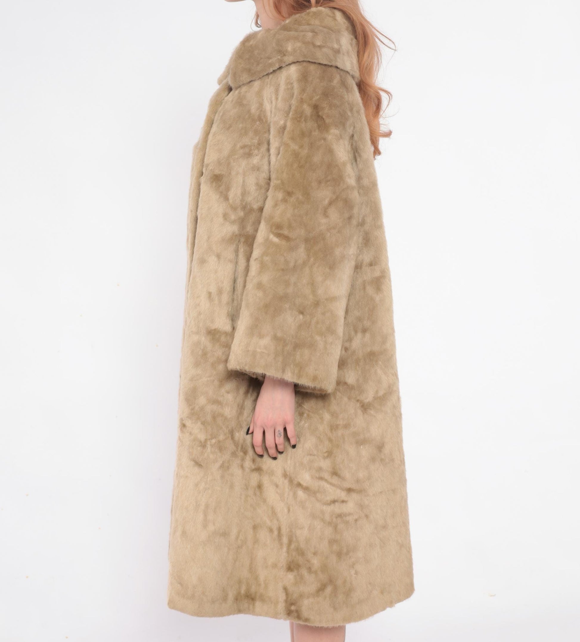 60s Sutton Place Faux Fur Coat Beige Shawl Collar A-Line Large L