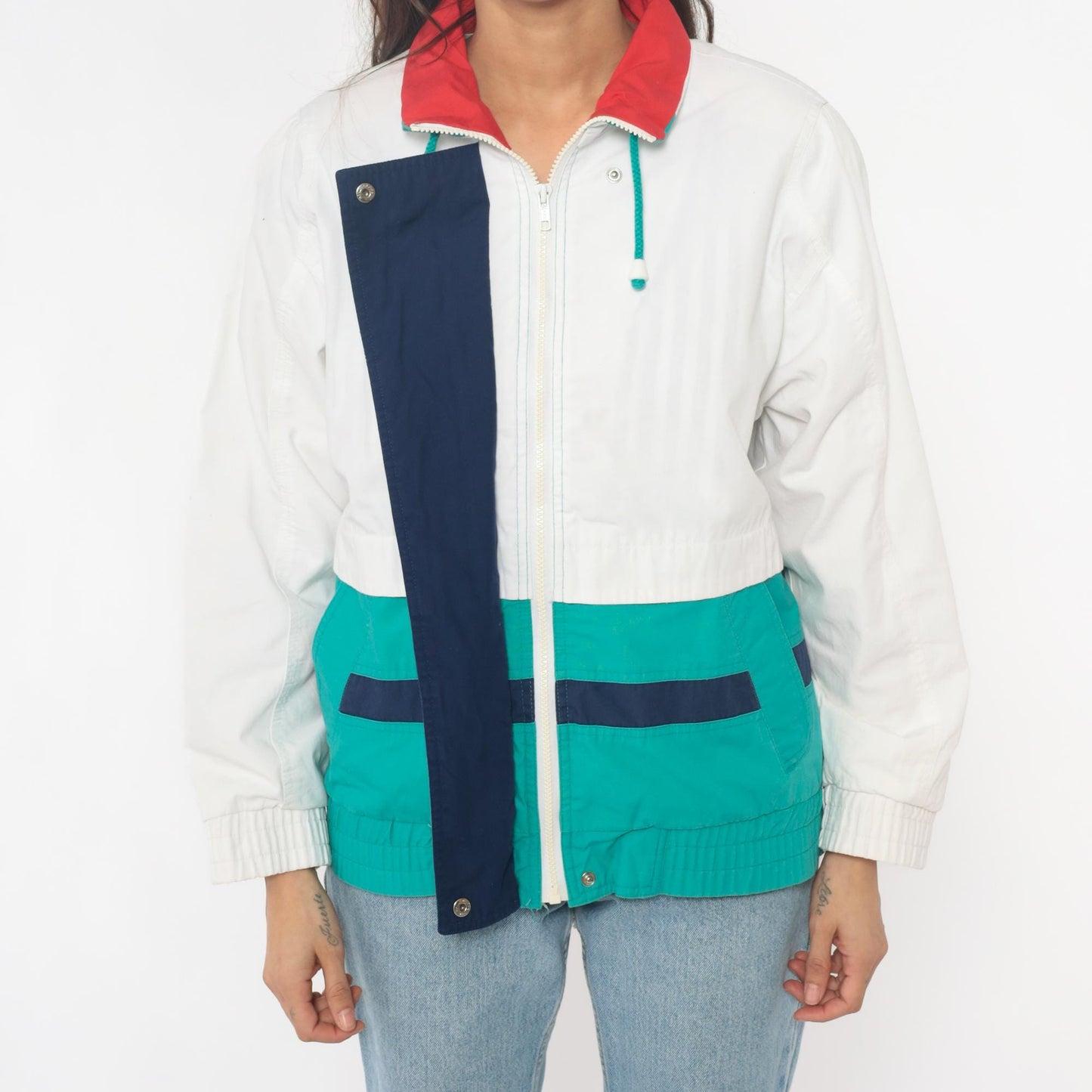 90s Izzi Spirit Colorblock Windbreaker White Teal Navy Small