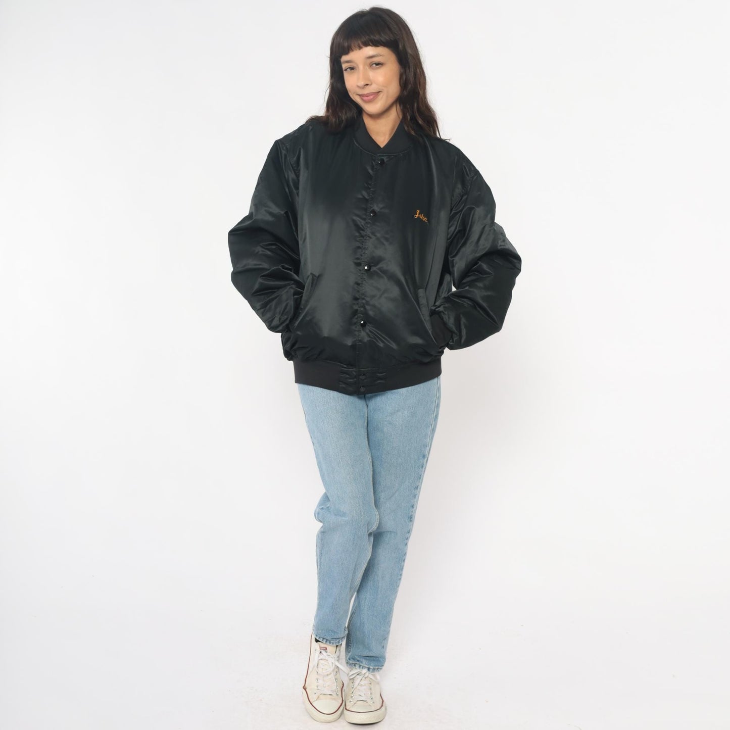 90s Black Satin Bomber Jacket Embroidered Champion Hunt Club Deer Large