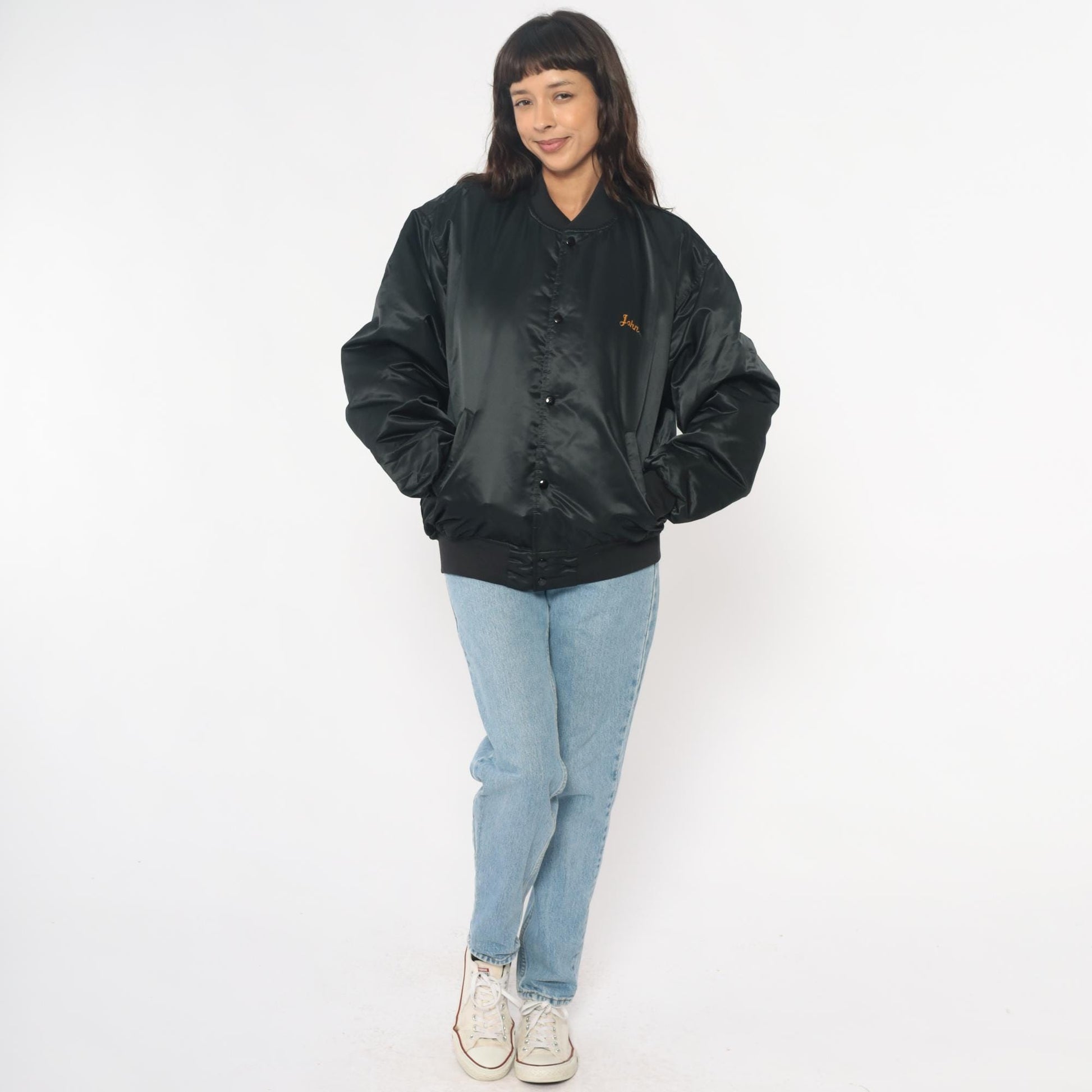 90s Black Satin Bomber Jacket Embroidered Champion Hunt Club Deer Large