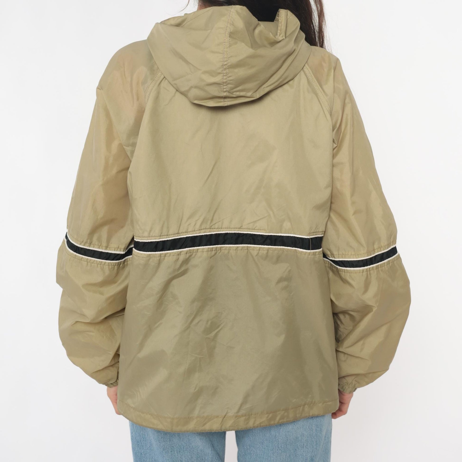 90s Tan Windbreaker Jacket Hooded Striped Black White Nylon Small