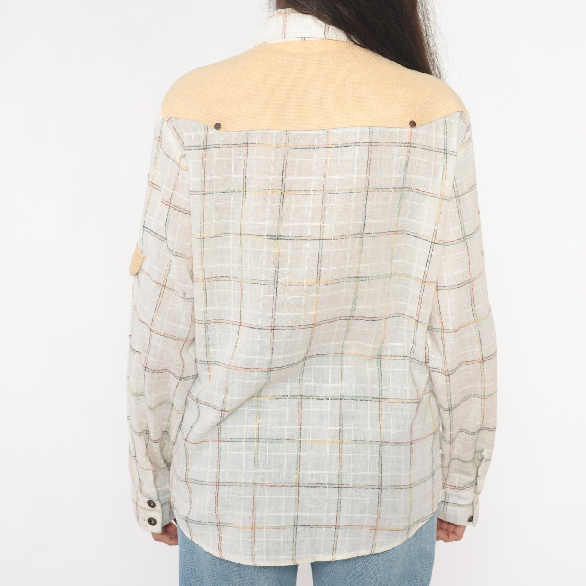 70s Kennington Western Shirt Plaid Cream Peach Yoke Button Front Medium