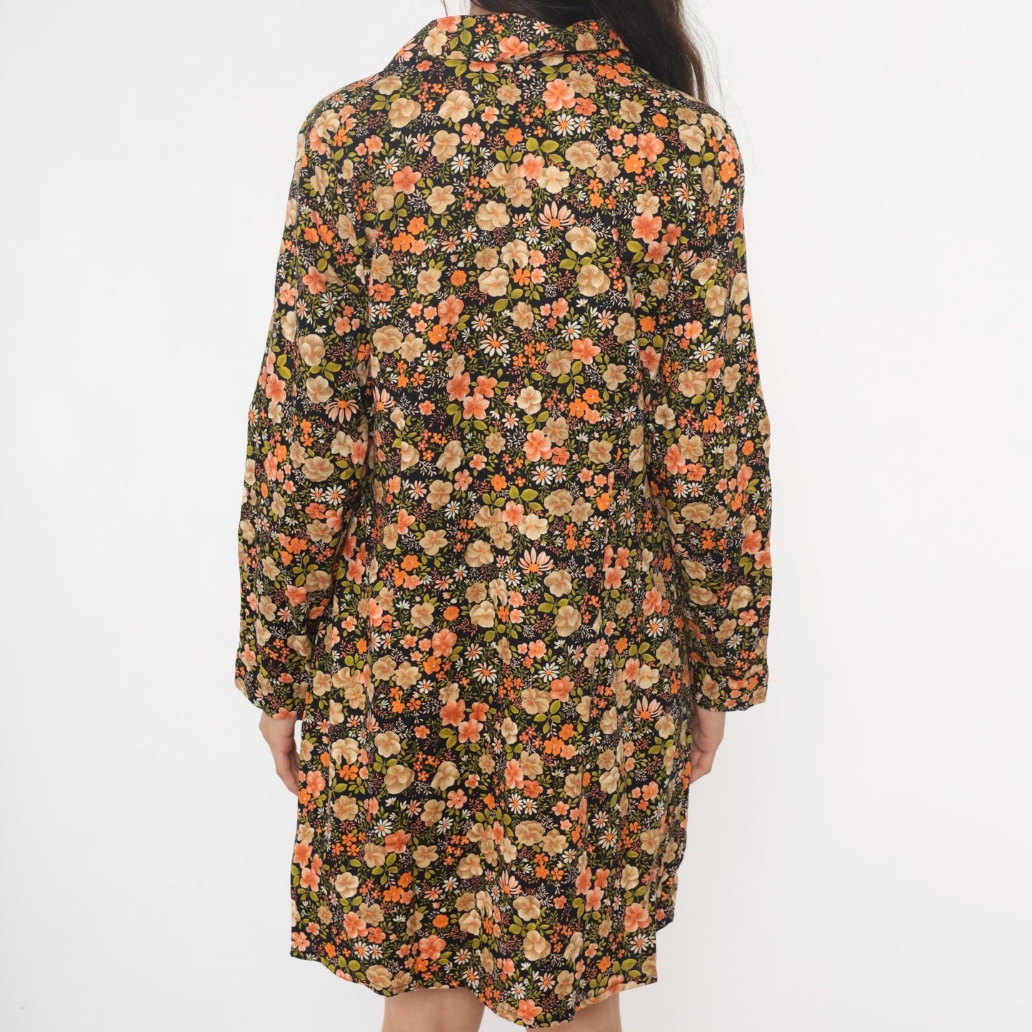 80s Laurel C Floral Shirt Dress Cotton Collared Mini Dark Botanical Large L