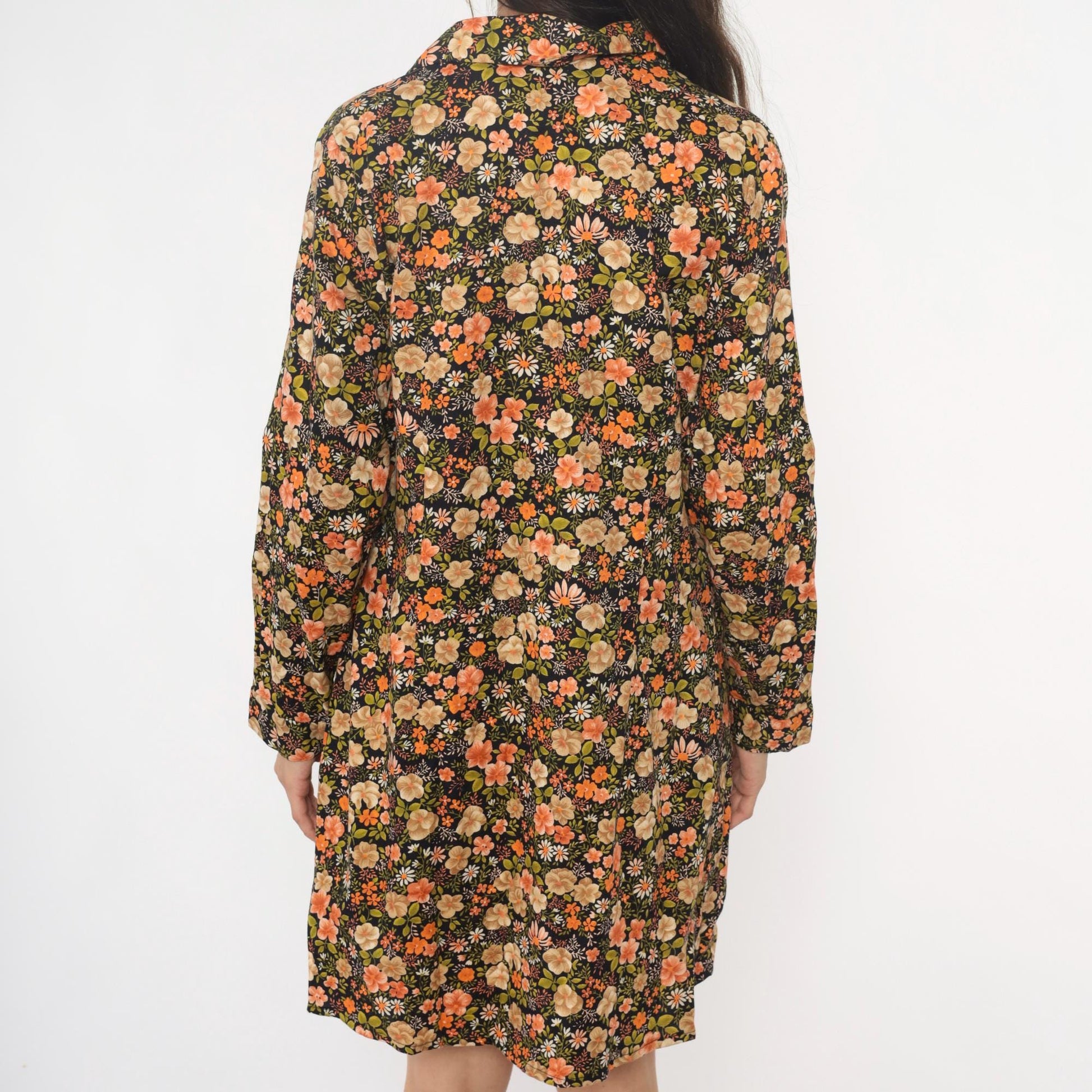 80s Laurel C Floral Shirt Dress Cotton Collared Mini Dark Botanical Large L