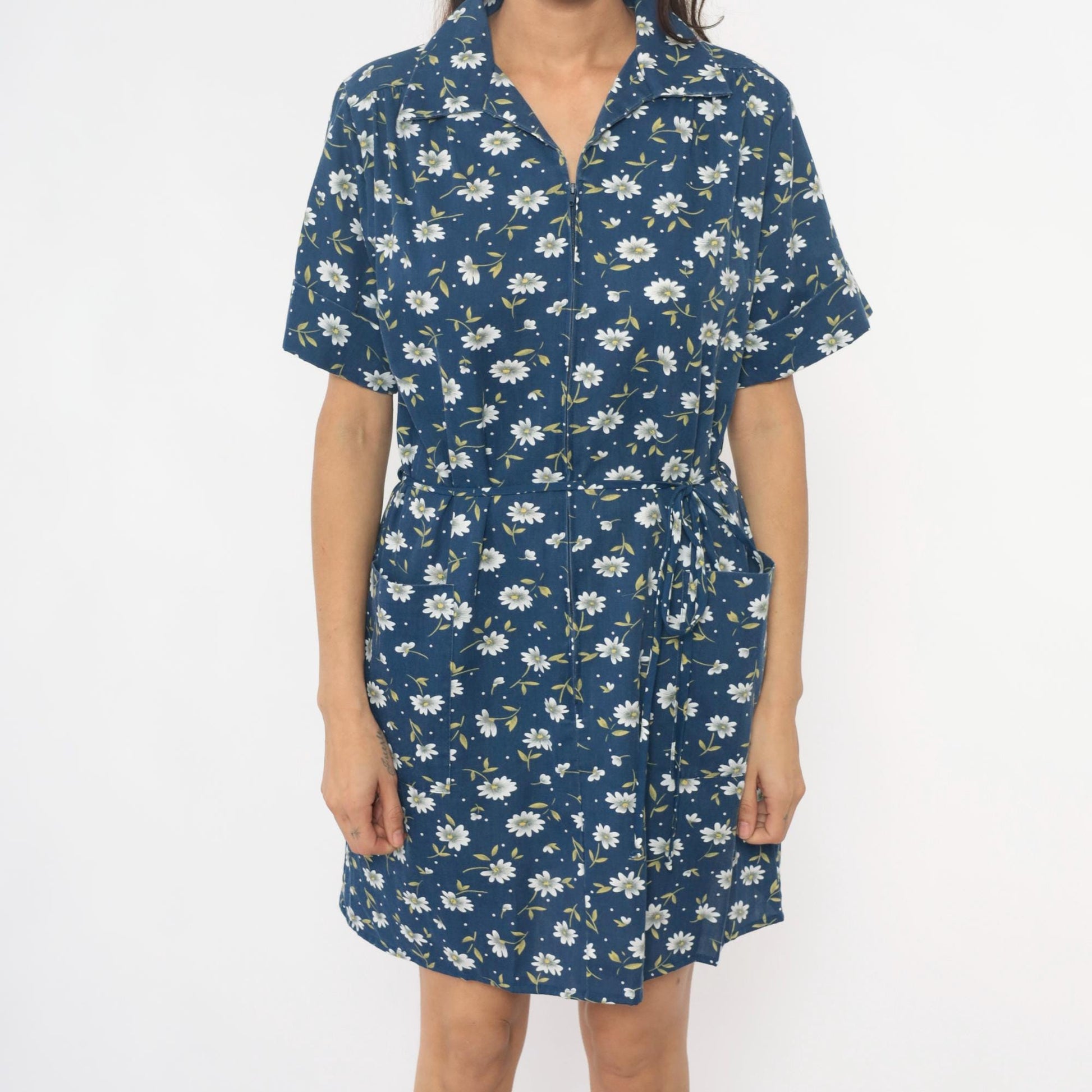 90s Carole Navy Floral Daisy Dress Collared Button Front Cotton Medium M