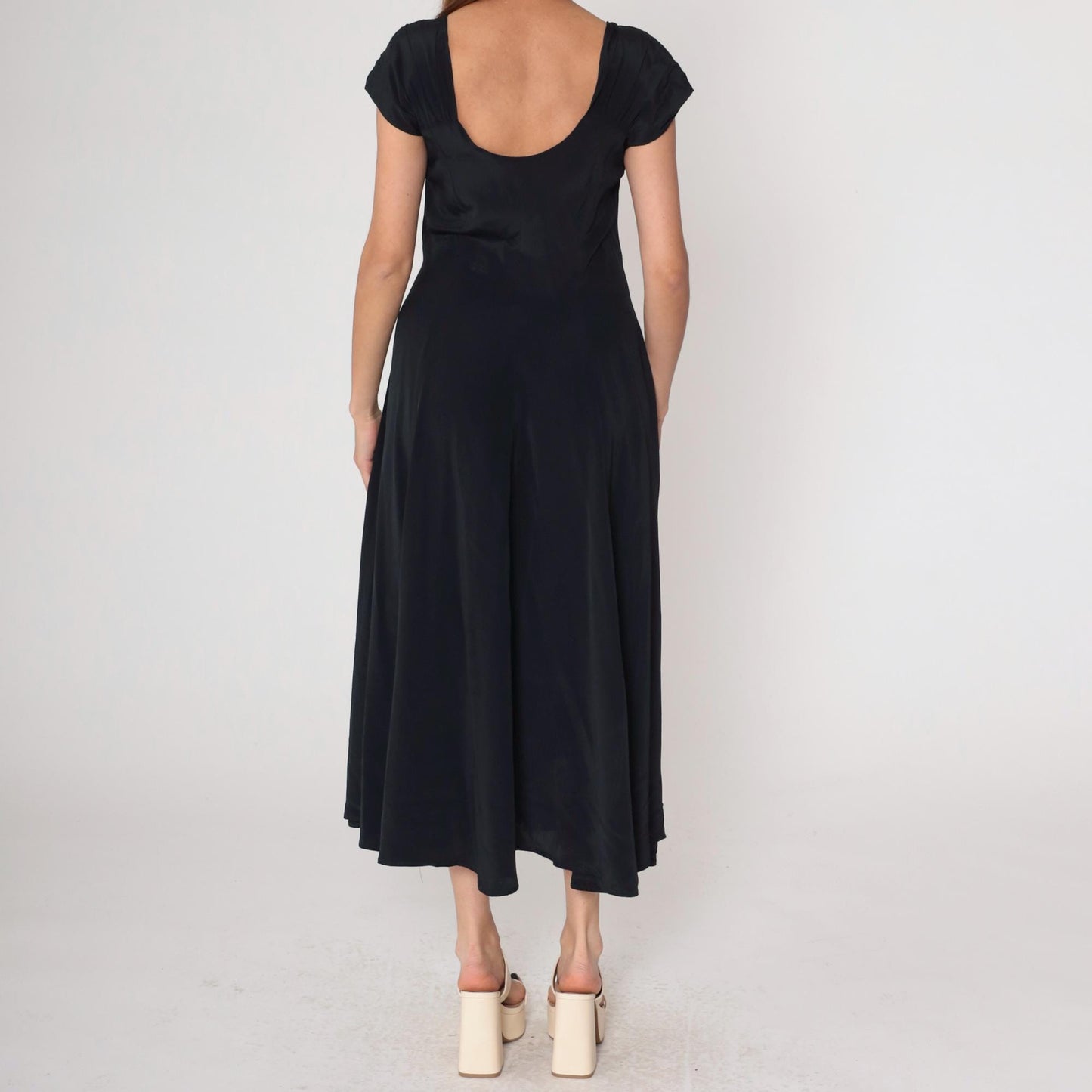 80s Black Maxi Dress Button Front Cap Sleeve Square Cutout Medium