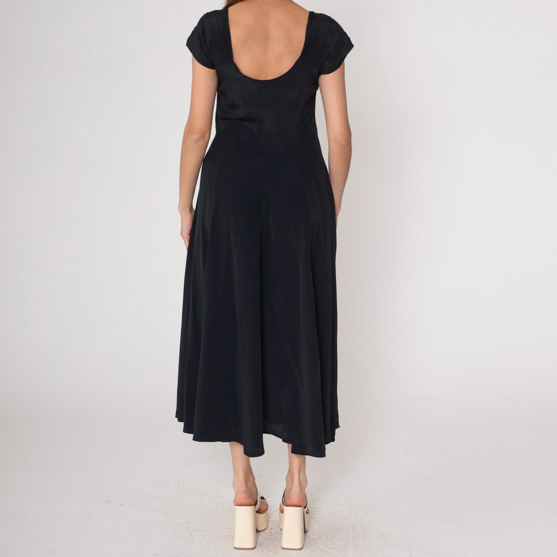 80s Black Maxi Dress Button Front Cap Sleeve Square Cutout Medium