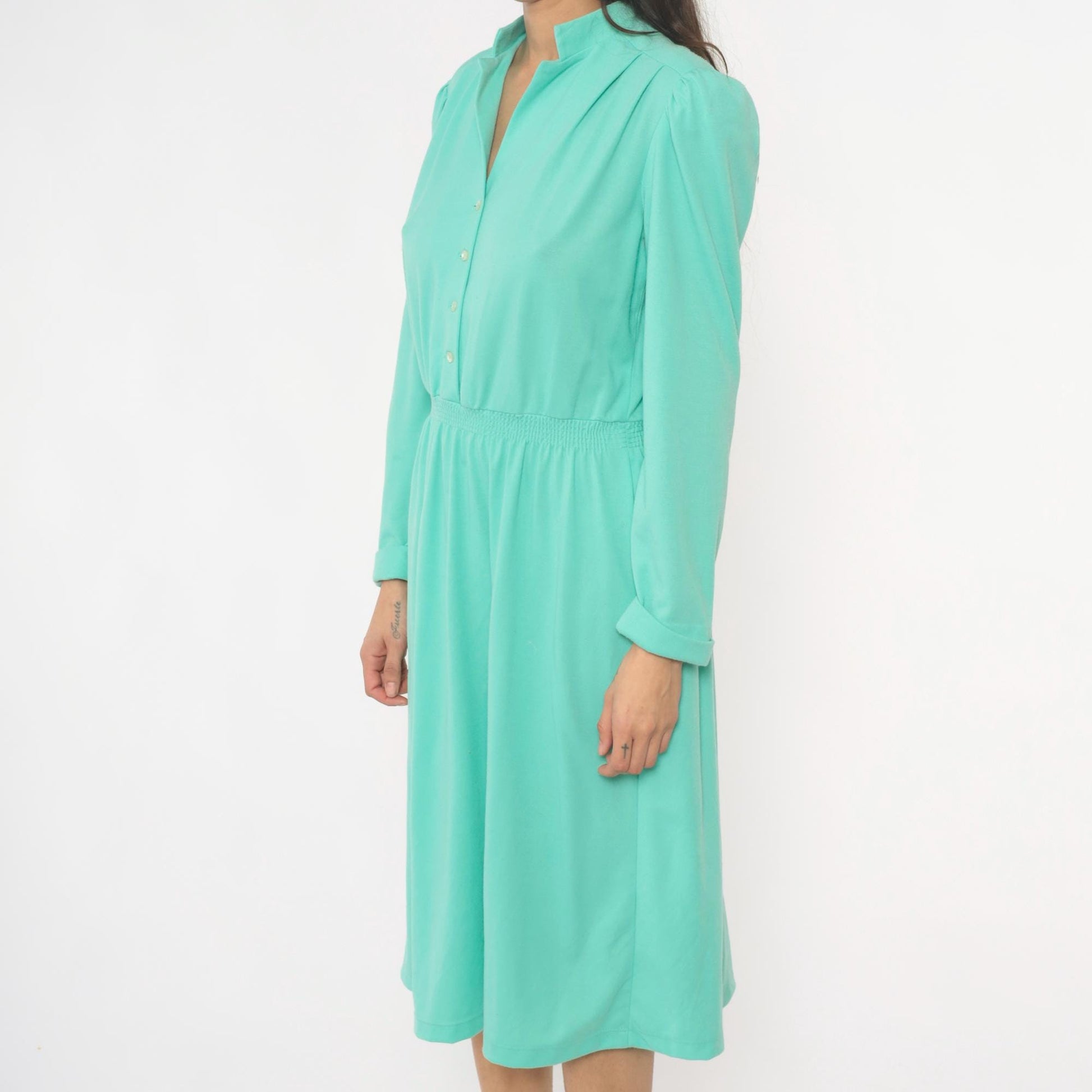 80s Lehigh Mint Green Shirtdress Puff Shoulder Knee-Length Small Medium