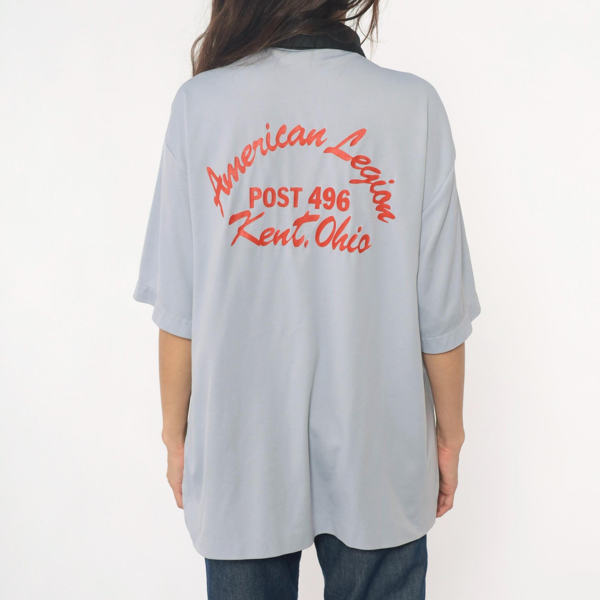80s King Louie Bowling Shirt Light Blue American Legion Kent Ohio Extra Large XL