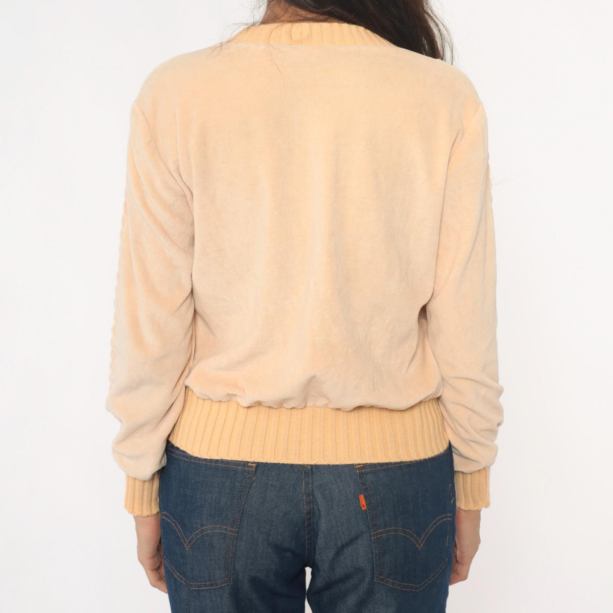 80s Comosport Velour Pullover Cream V-Neck Ribbed Knit Small