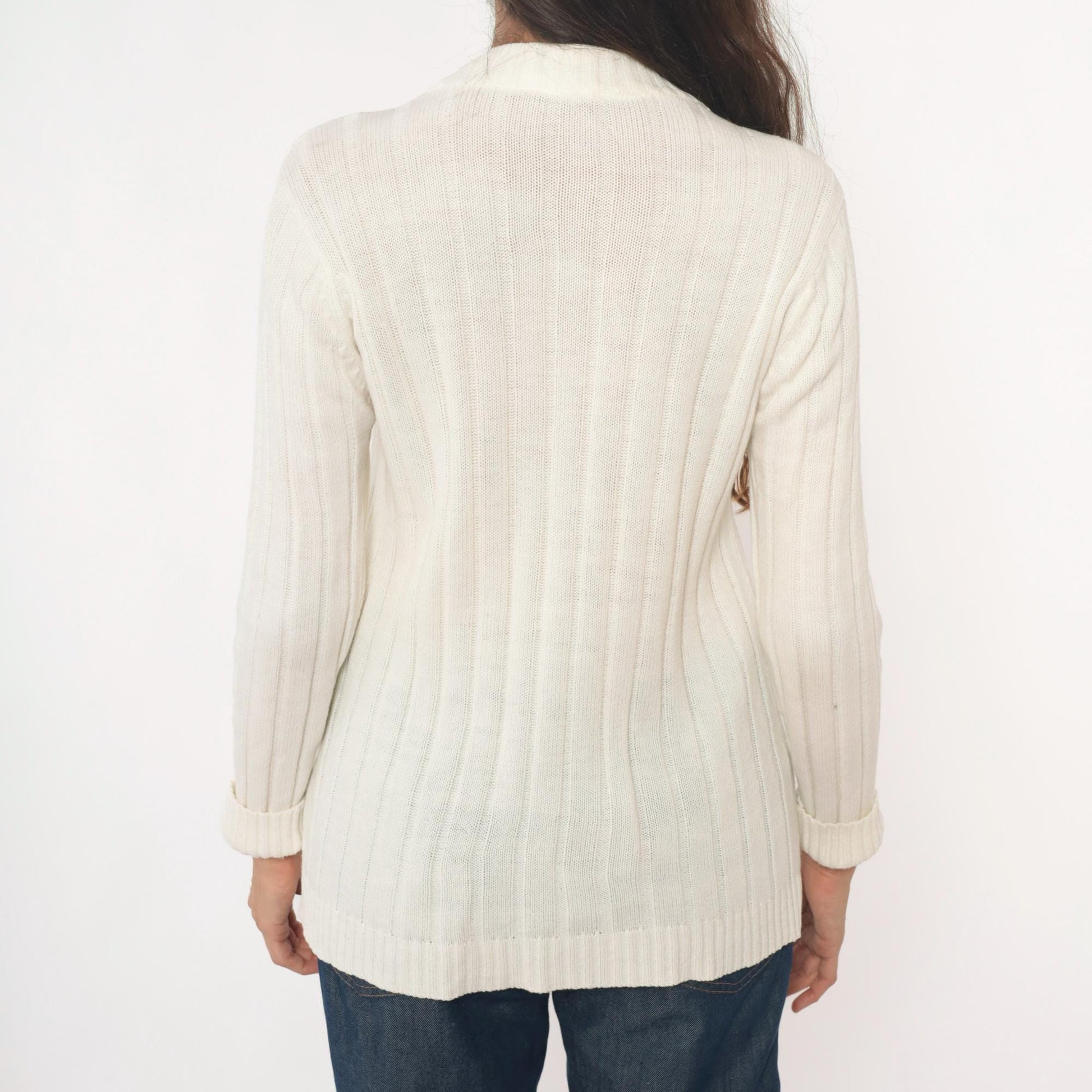 70s Cream Cable Knit Cardigan V-Neck Button Front Zayre Small