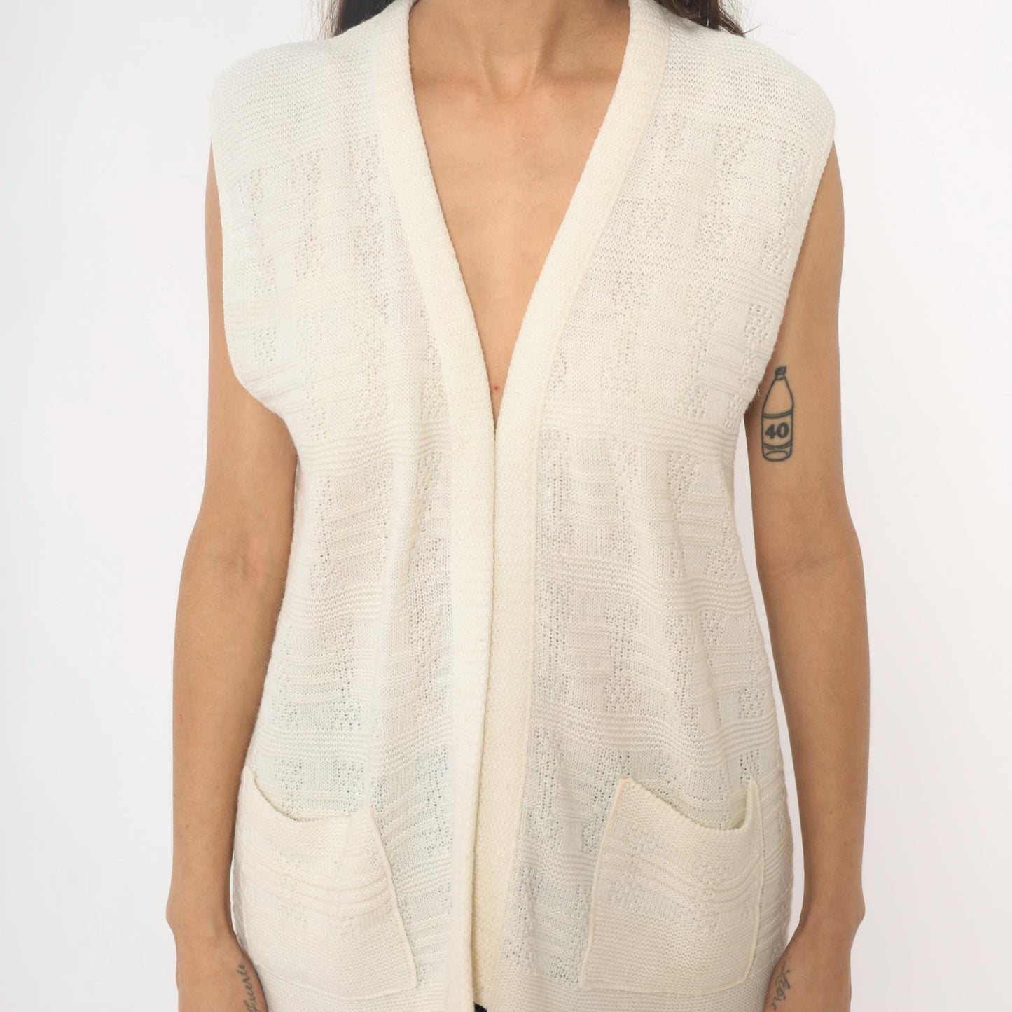 70s Cream Knit Vest Open Front Sleeveless Tank Top Small Medium