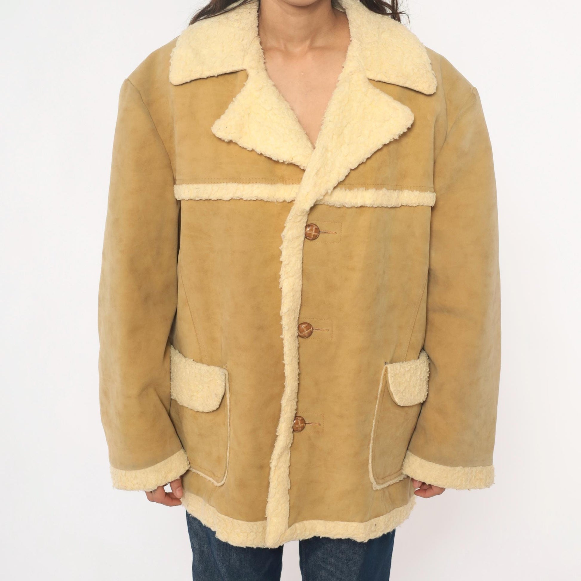 70s Wiman Tan Faux Suede Jacket Sherpa Collar Wide Notch Large