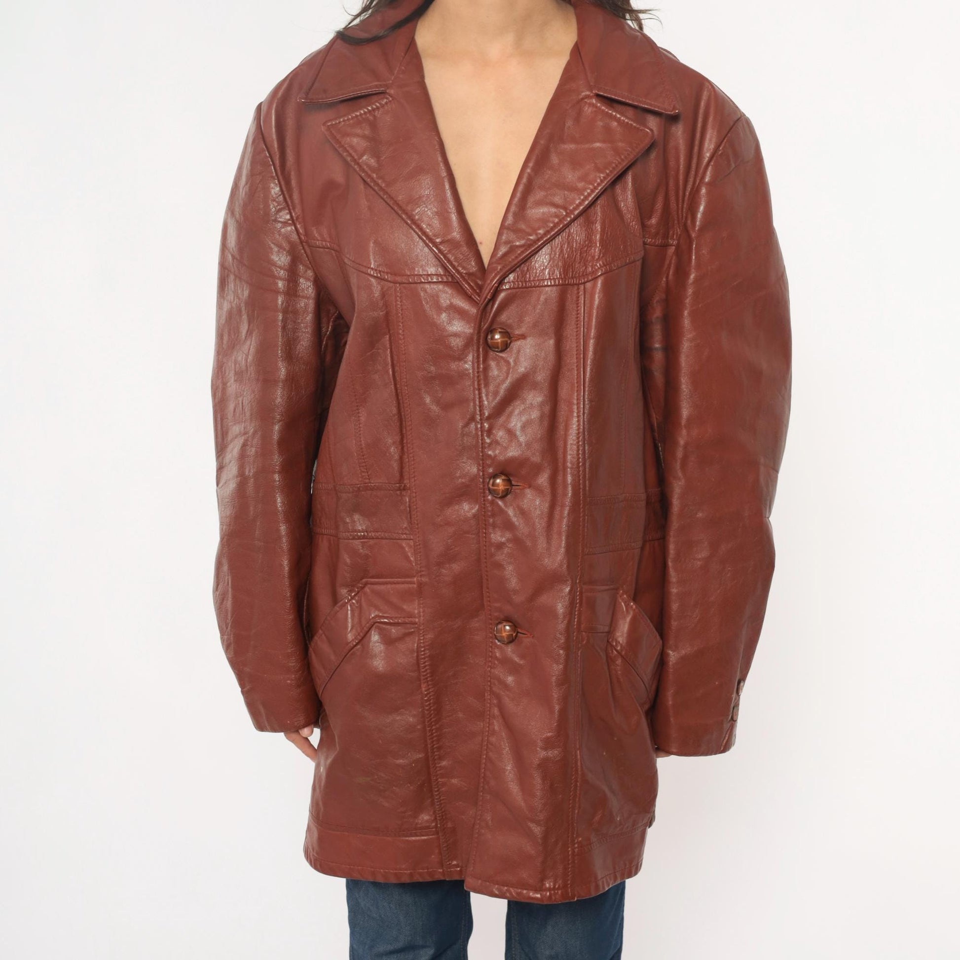 70s Brown Leather Jacket Notched Collar Long Coat Burgundy Lining Extra Large