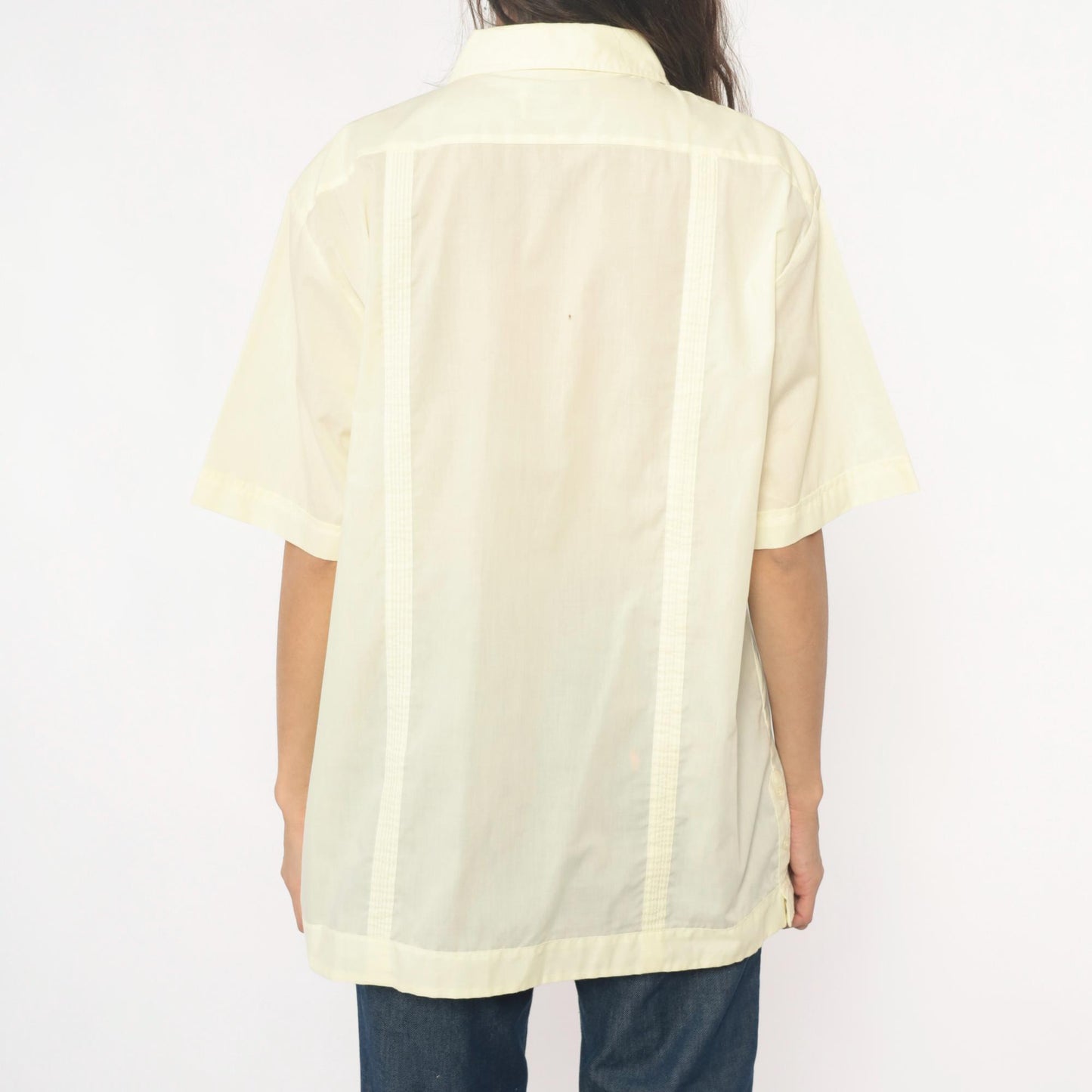 80s Pale Yellow Guayabera Shirt Pintuck Pleated Cotton Cream Collar Extra Large XL