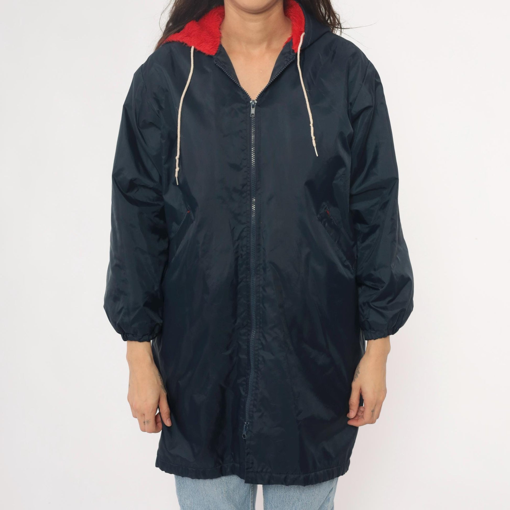 80s LEXD Swimming Team Jacket Navy Hooded Windbreaker Fur Lined Small