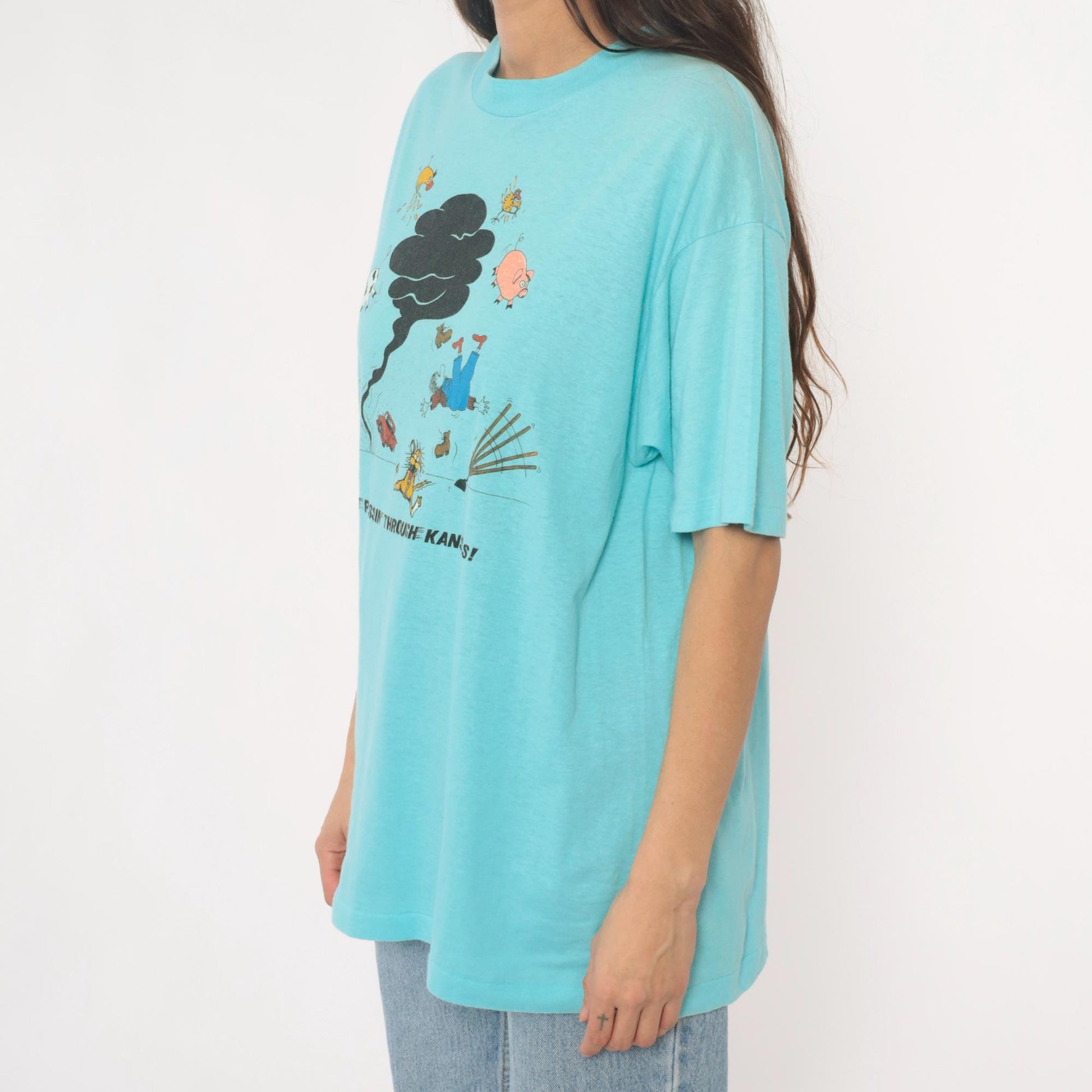 90s Anvil Kansas Tornado Graphic Tee Turquoise Cartoon Farm Animals Extra Large XL