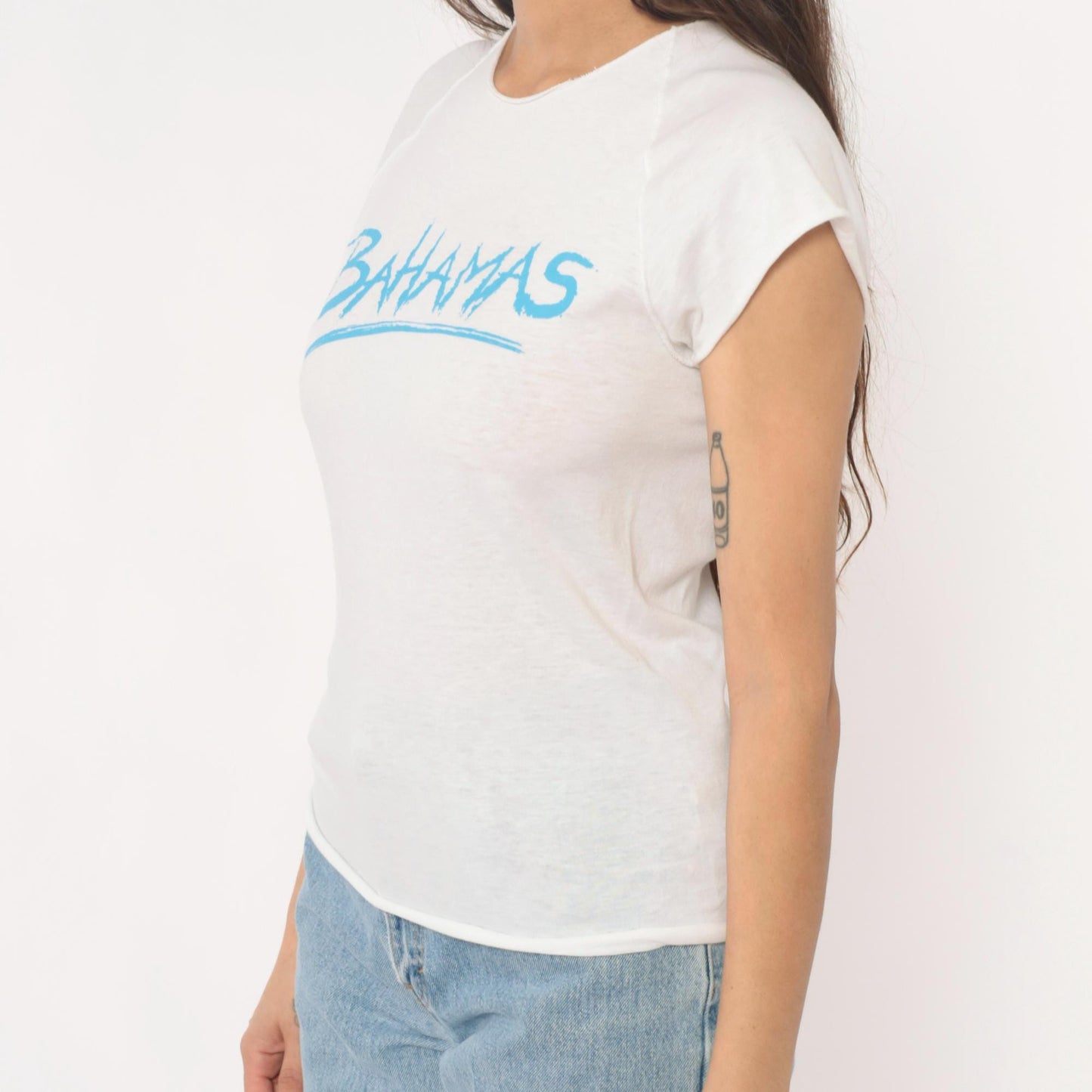 80s Bahamas White Graphic T-Shirt Cotton Crew Neck Cap Sleeve Extra Small XS