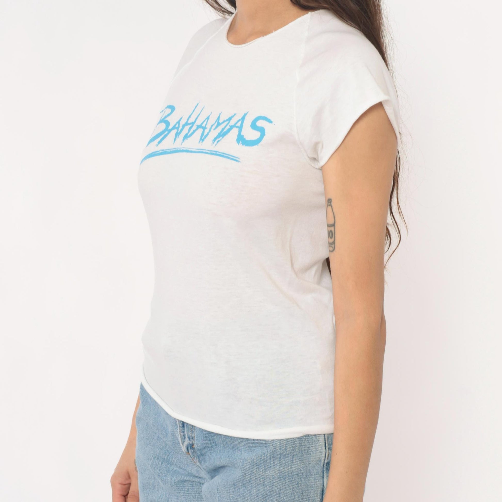80s Bahamas White Graphic T-Shirt Cotton Crew Neck Cap Sleeve Extra Small XS