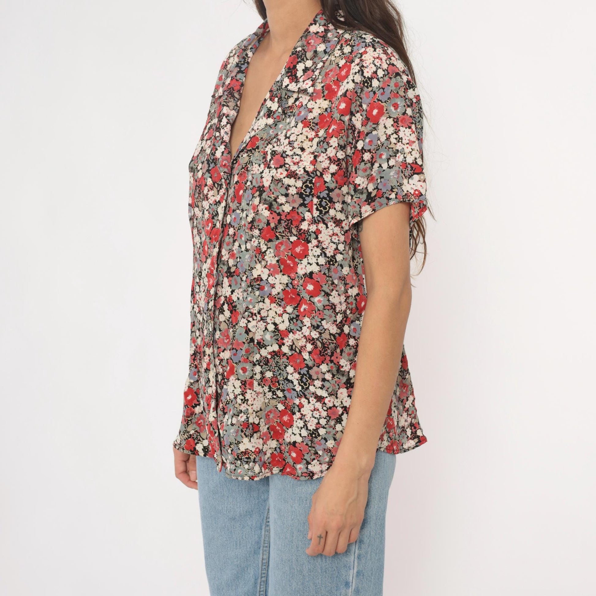 90s Zenobia Floral Button-Up Blouse Short Sleeve Black Cream Plus Size XXL
