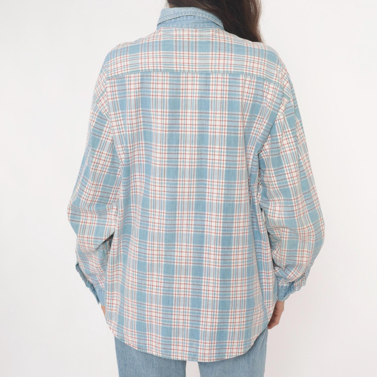 90s Paris Sport Club Plaid Button Down Shirt Denim Collar Cotton Large L