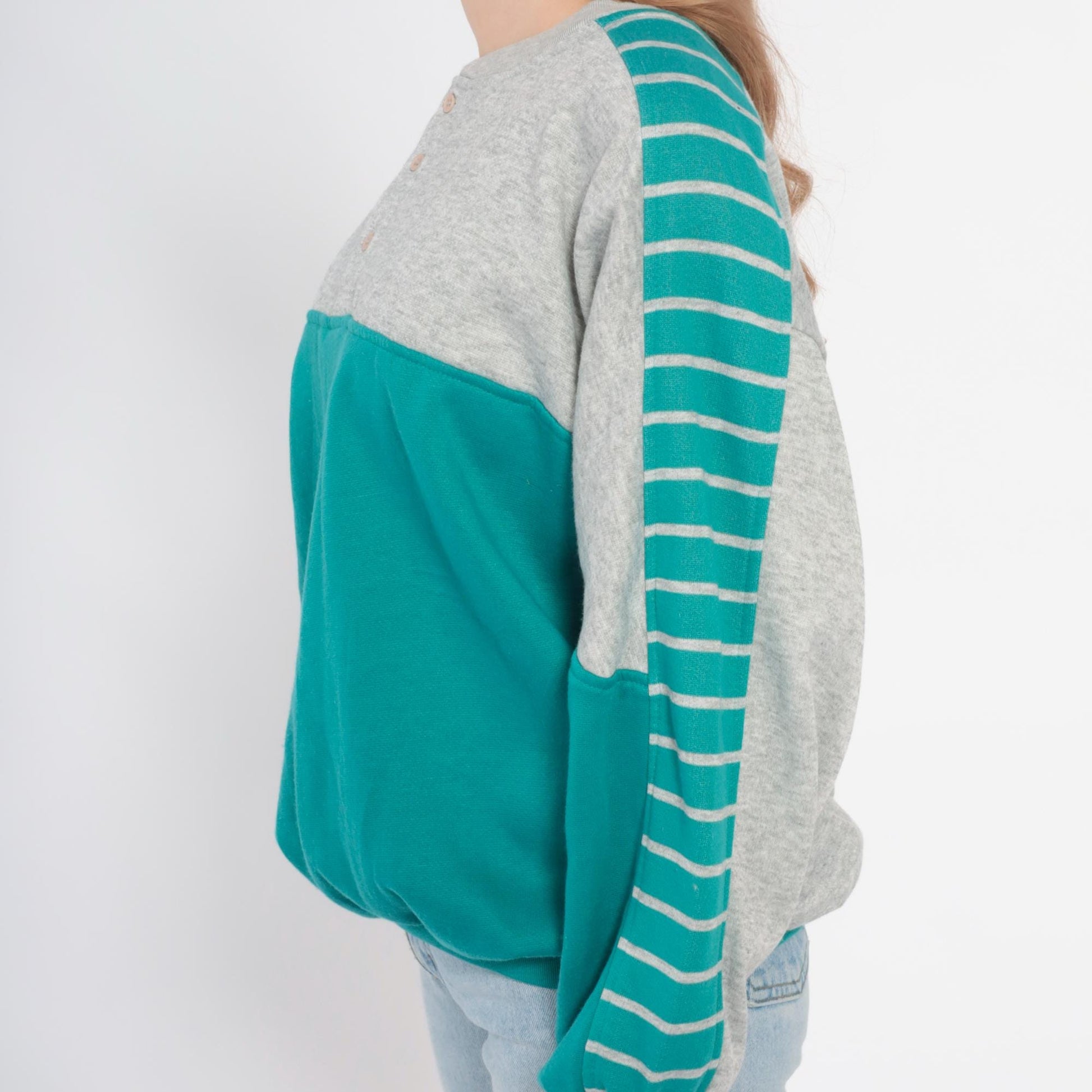 90s Teal Colorblock Sweatshirt Grey Striped Sleeve Crewneck Medium M