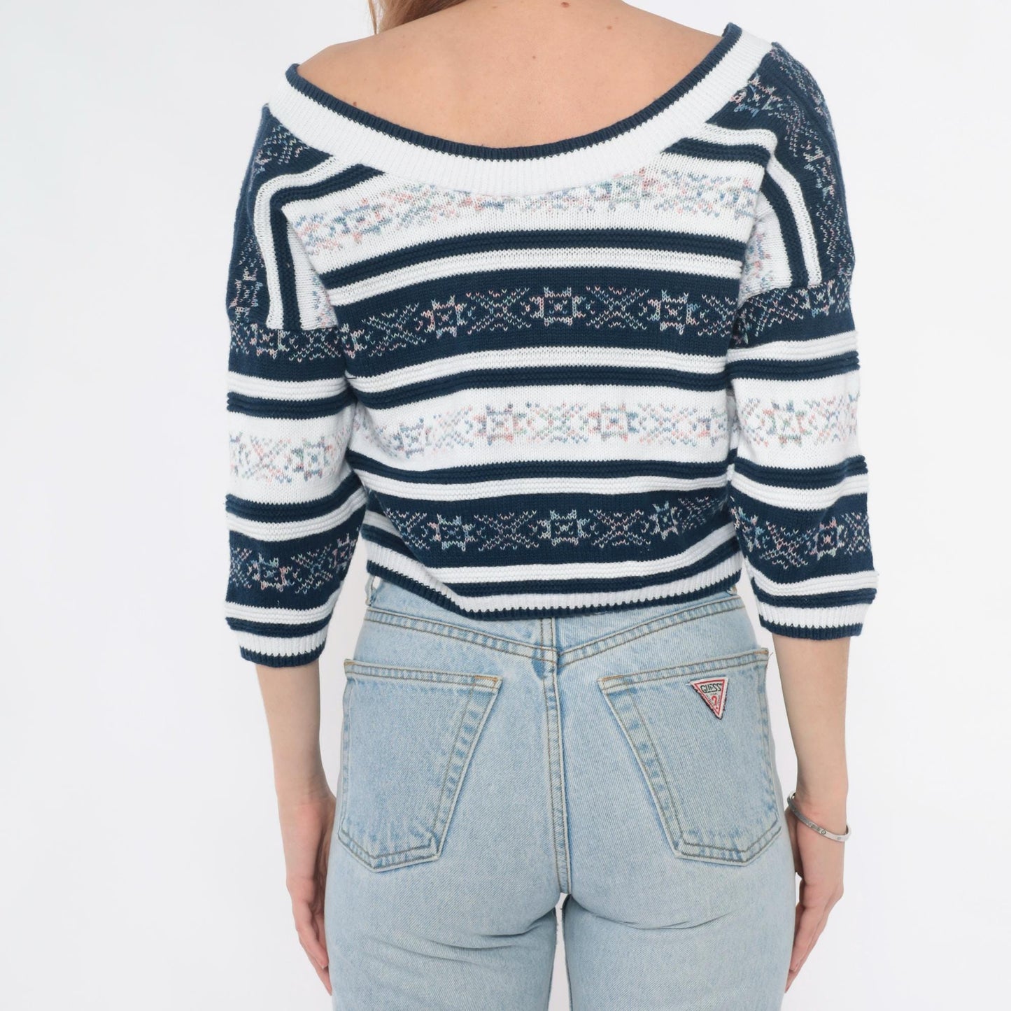 90s Navy Floral Striped V-Neck Knit Sweater Cotton Blend Medium M