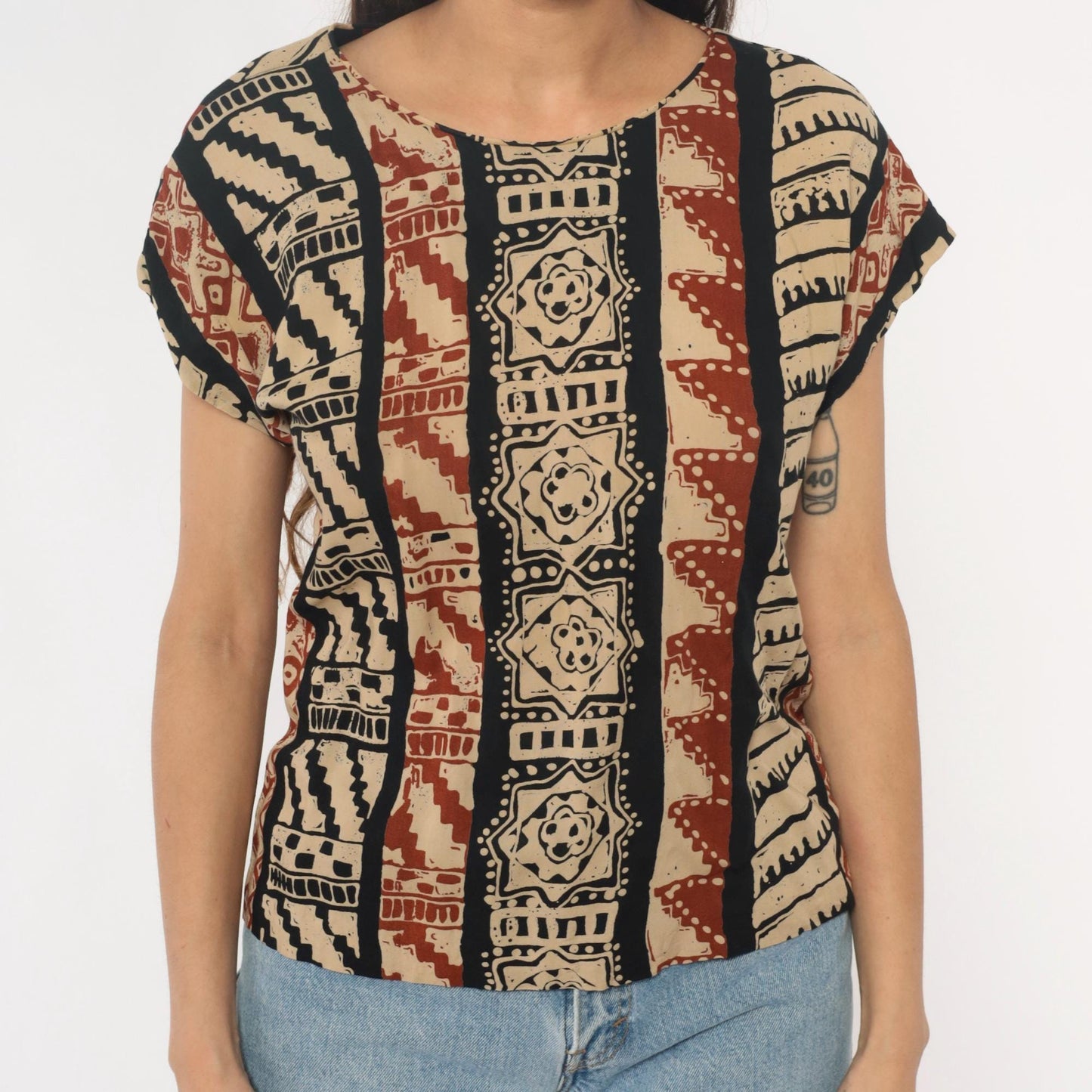 90s Lia G Petites Tribal Geometric Striped Blouse Beige Black Rust Medium