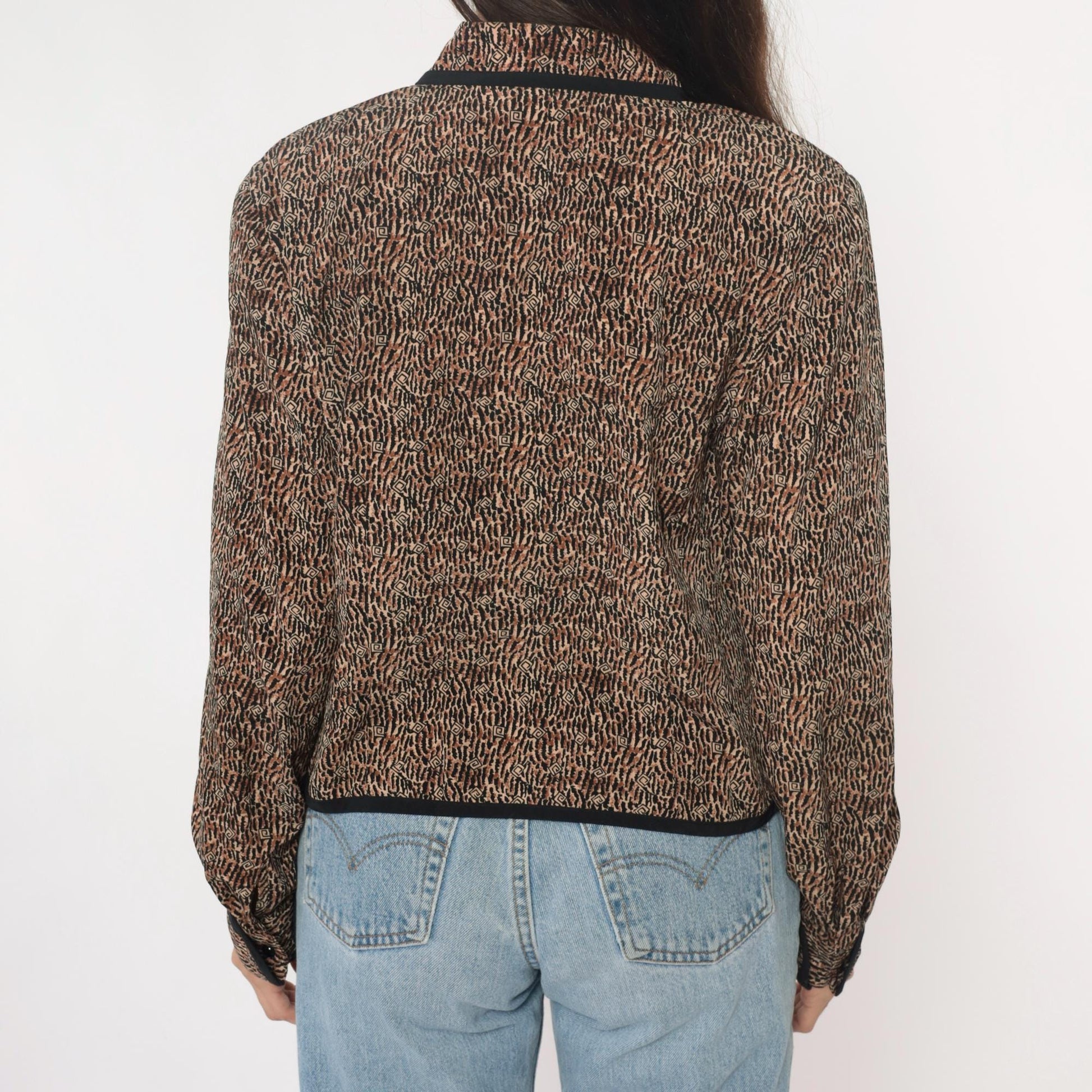 Y2K Nancy Crystal Cropped Jacket Brown Animal Print Peter Pan Collar Large L
