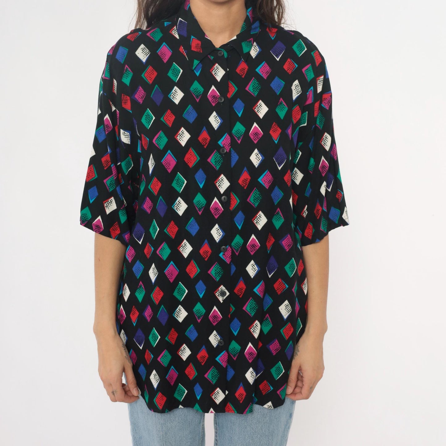 90s Black Harlequin Diamond Rayon Shirt Multicolor Button-Front Medium