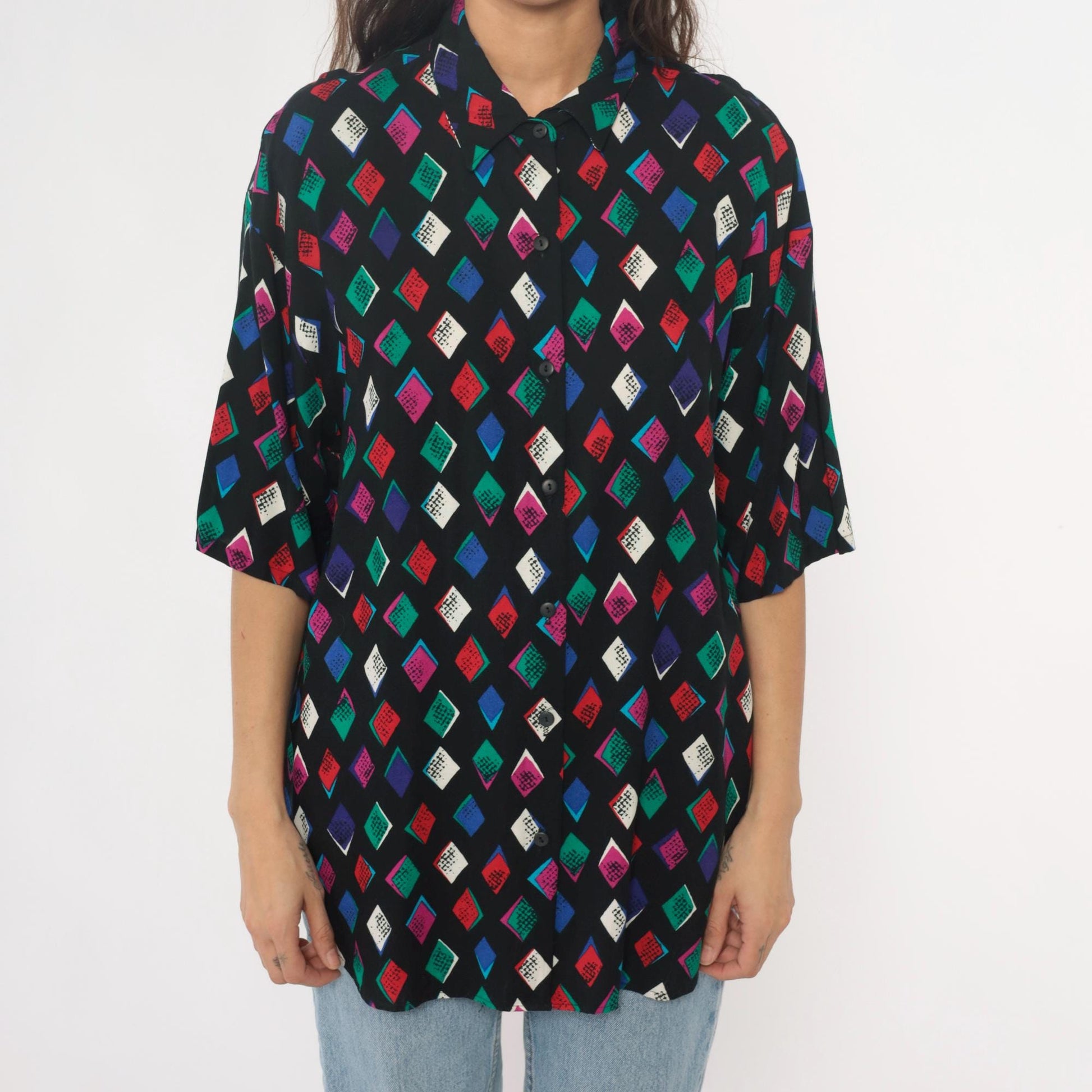 90s Black Harlequin Diamond Rayon Shirt Multicolor Button-Front Medium