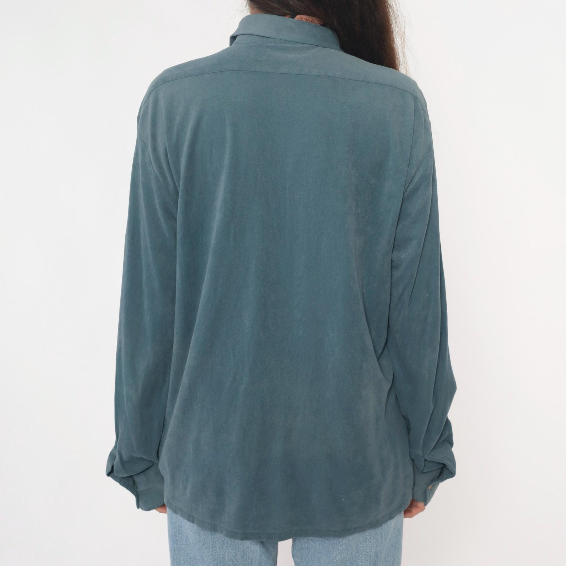 70s Macys California Blue-Teal Safari Shirt Pointed Collar Chest Pockets Large