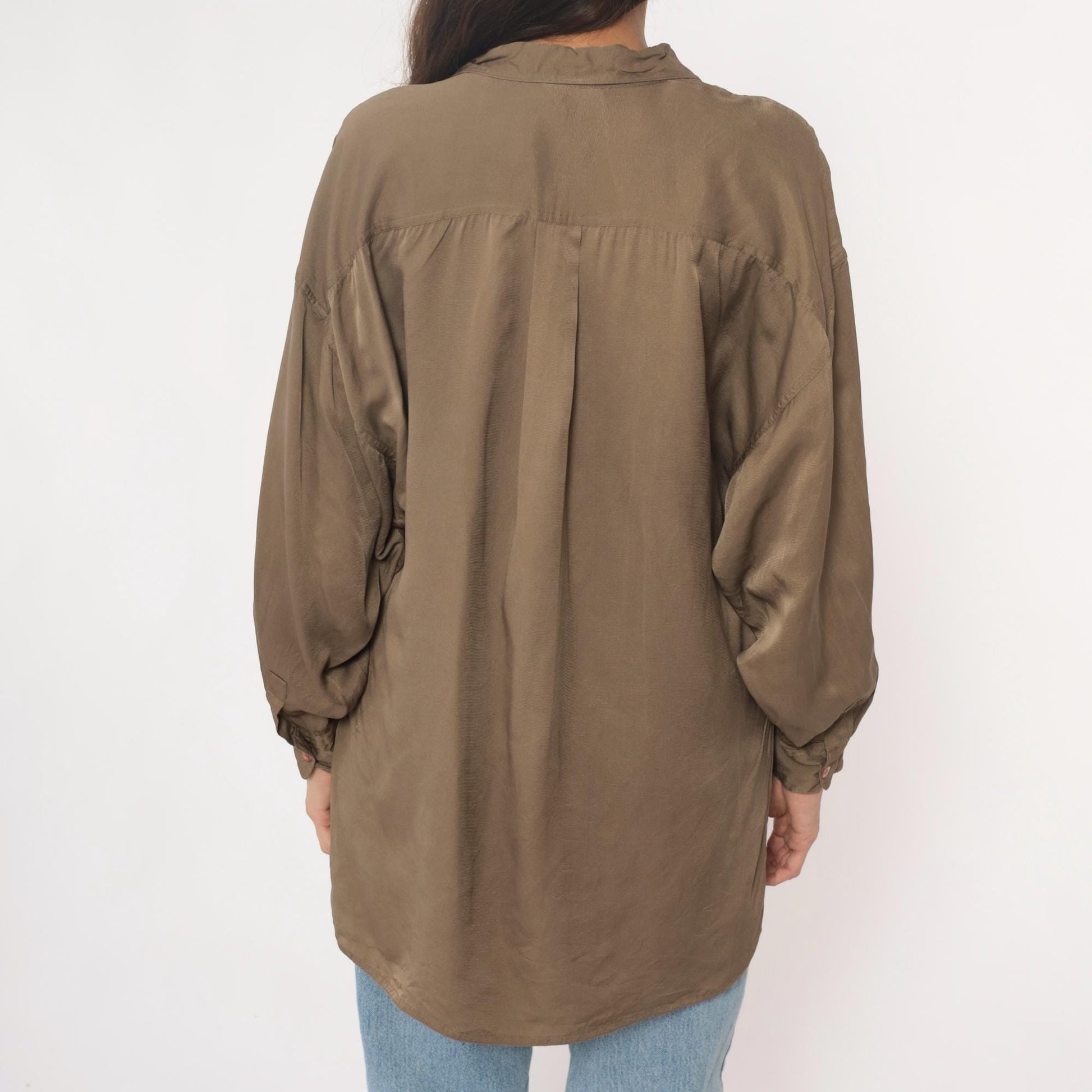 90s La Vogue Silk Button-Up Blouse Olive Chest Pocket Medium M