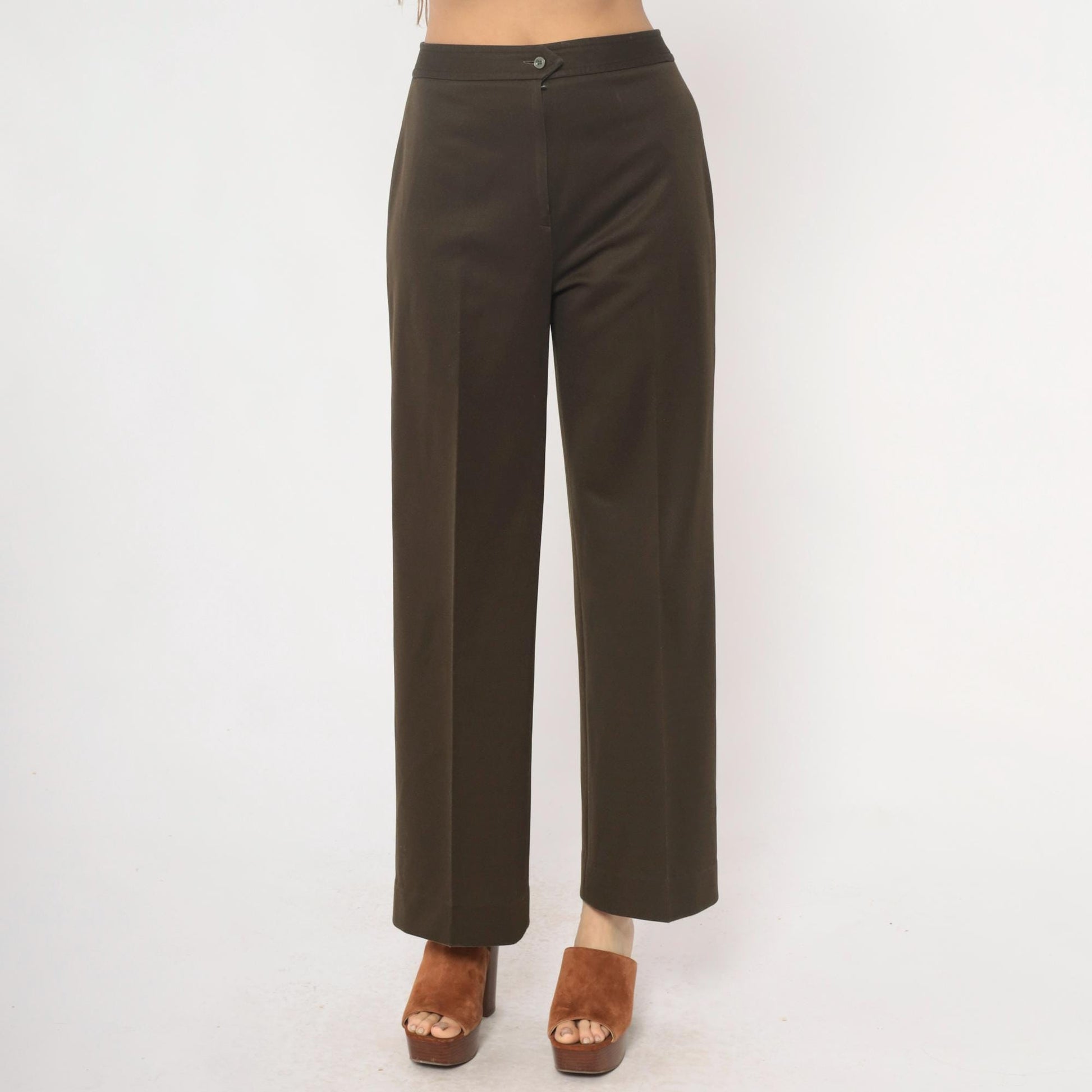 70s High Waisted Brown Straight Leg Trousers Flat Front Medium