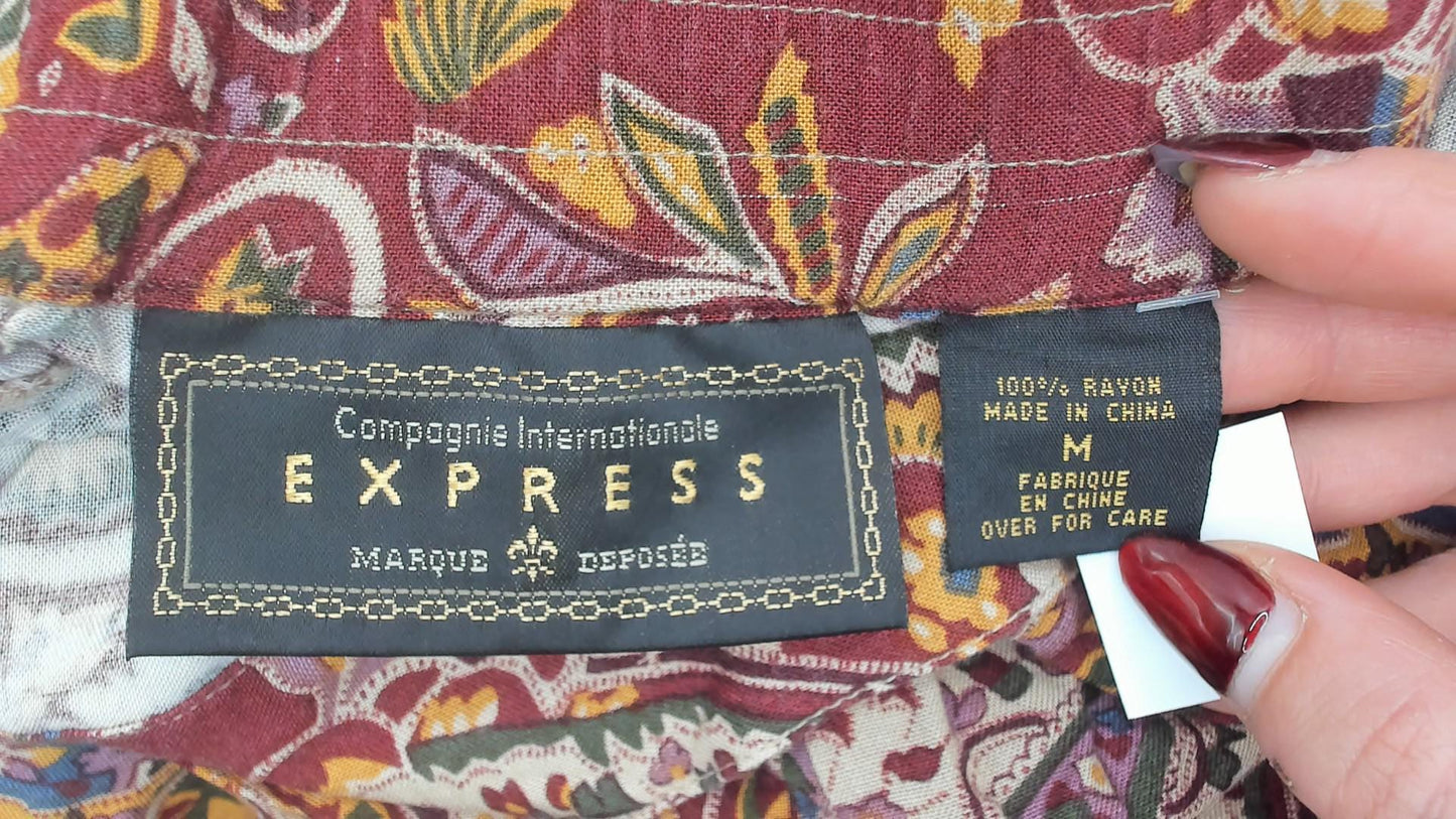 90s Express Paisley Midi Skirt Button Front Brown Purple Gold Medium M