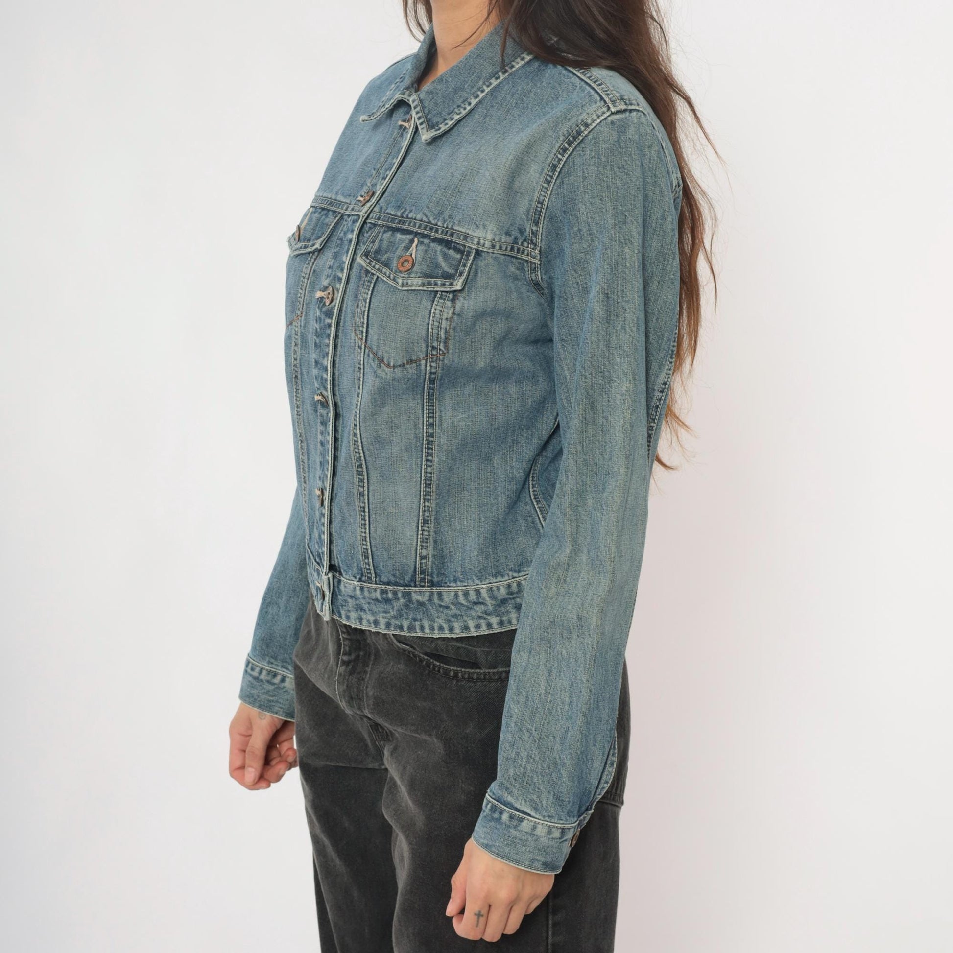 Y2K Gap Light Wash Denim Jacket Princess Seam Fitted Cropped Medium M