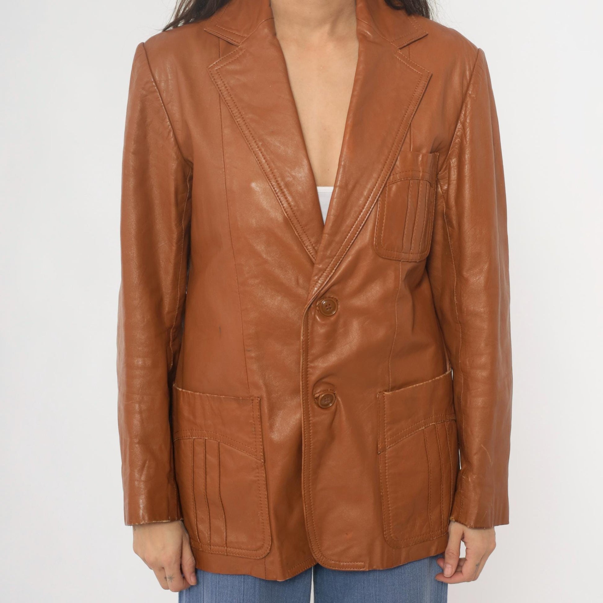 70s Leather of Distinction Tan Leather Blazer Notched Lapel Medium