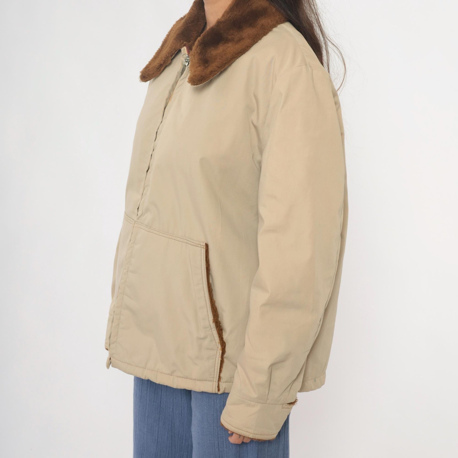 80s Weathercastle Bomber Jacket Beige Faux Fur Collar Lined Large