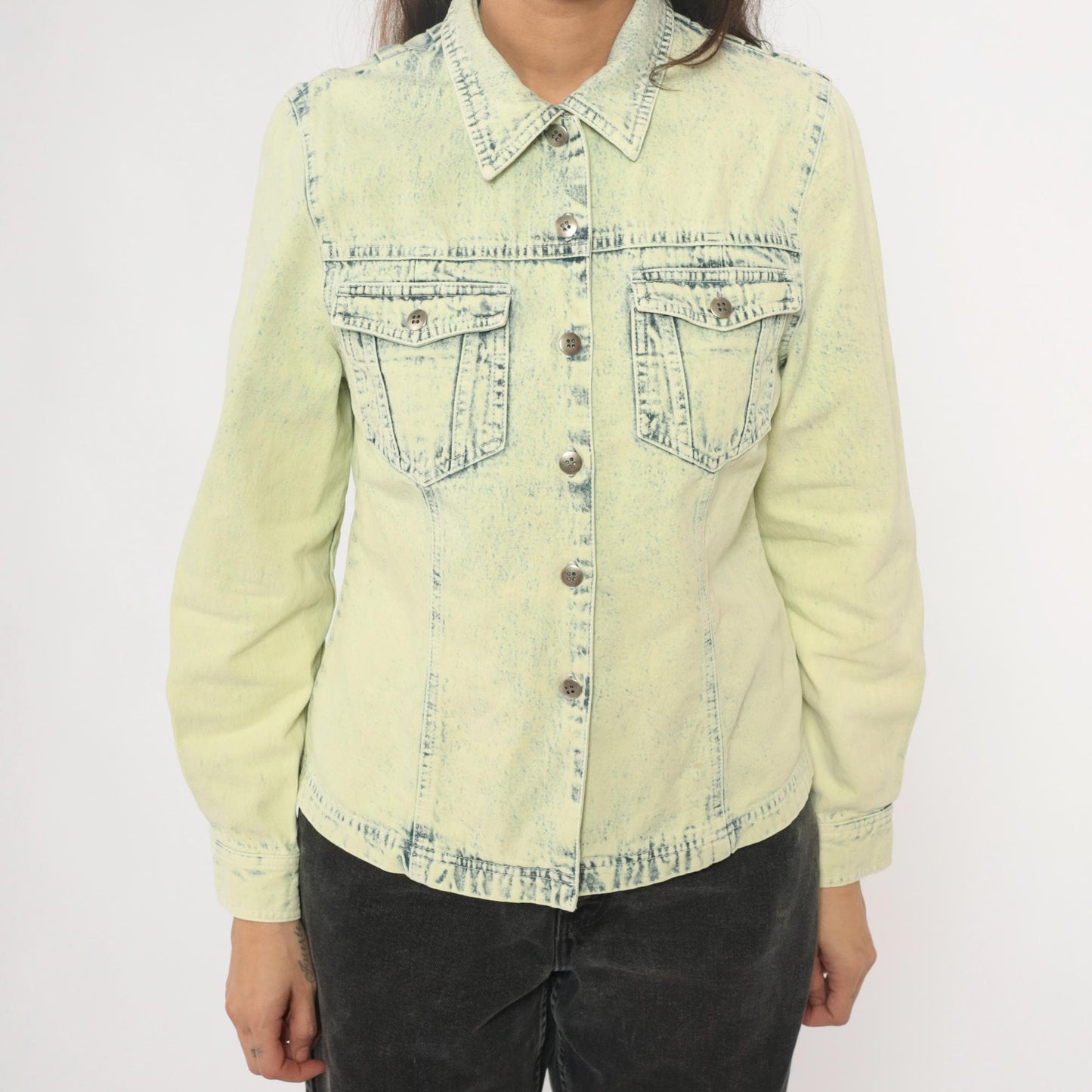 90s Get Together Acid Wash Denim Shirt Yellow Cotton Small